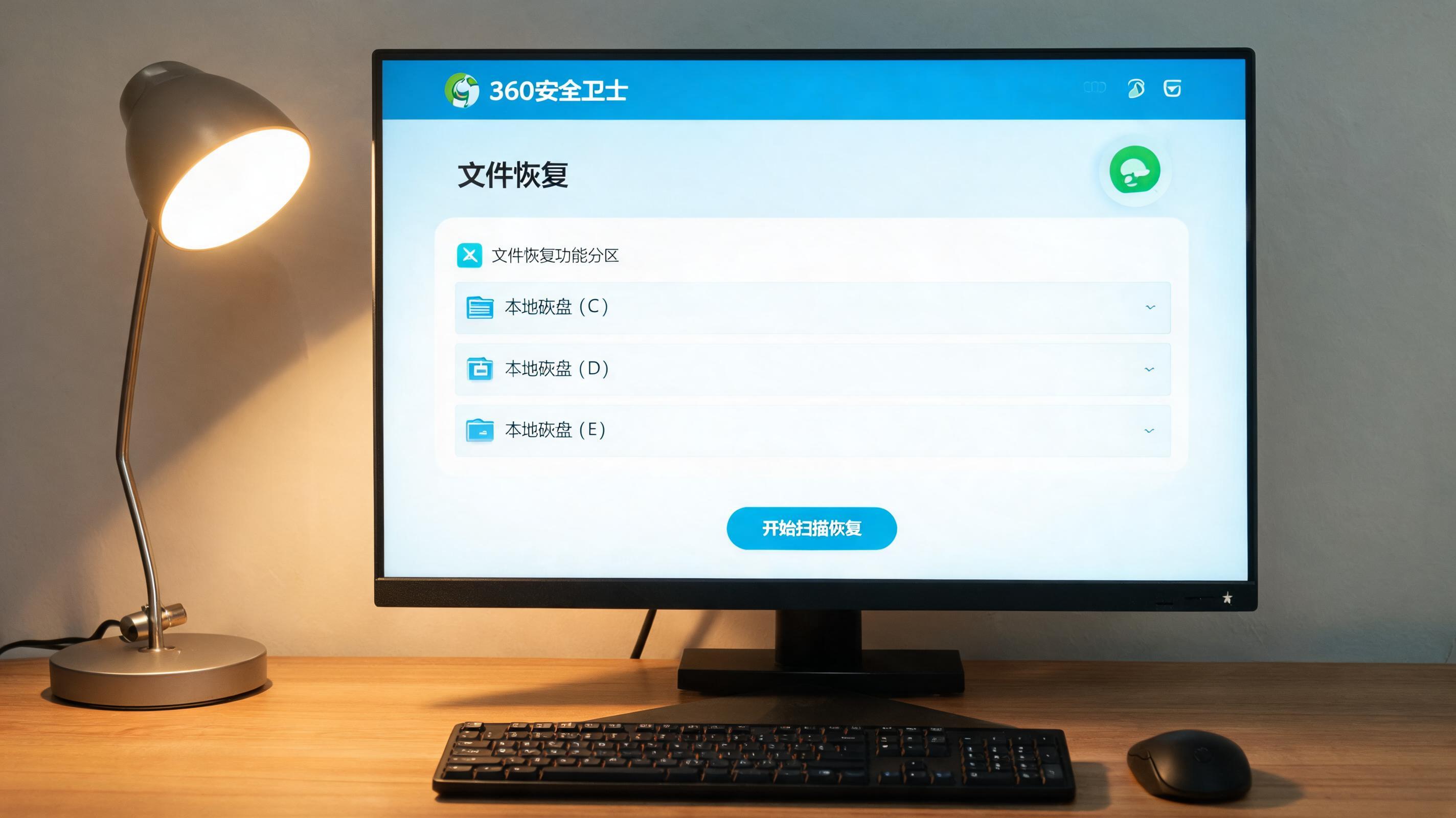 电脑桌上的电脑，屏幕显示360 安全卫士文件恢复功能分区，旁边放着台灯