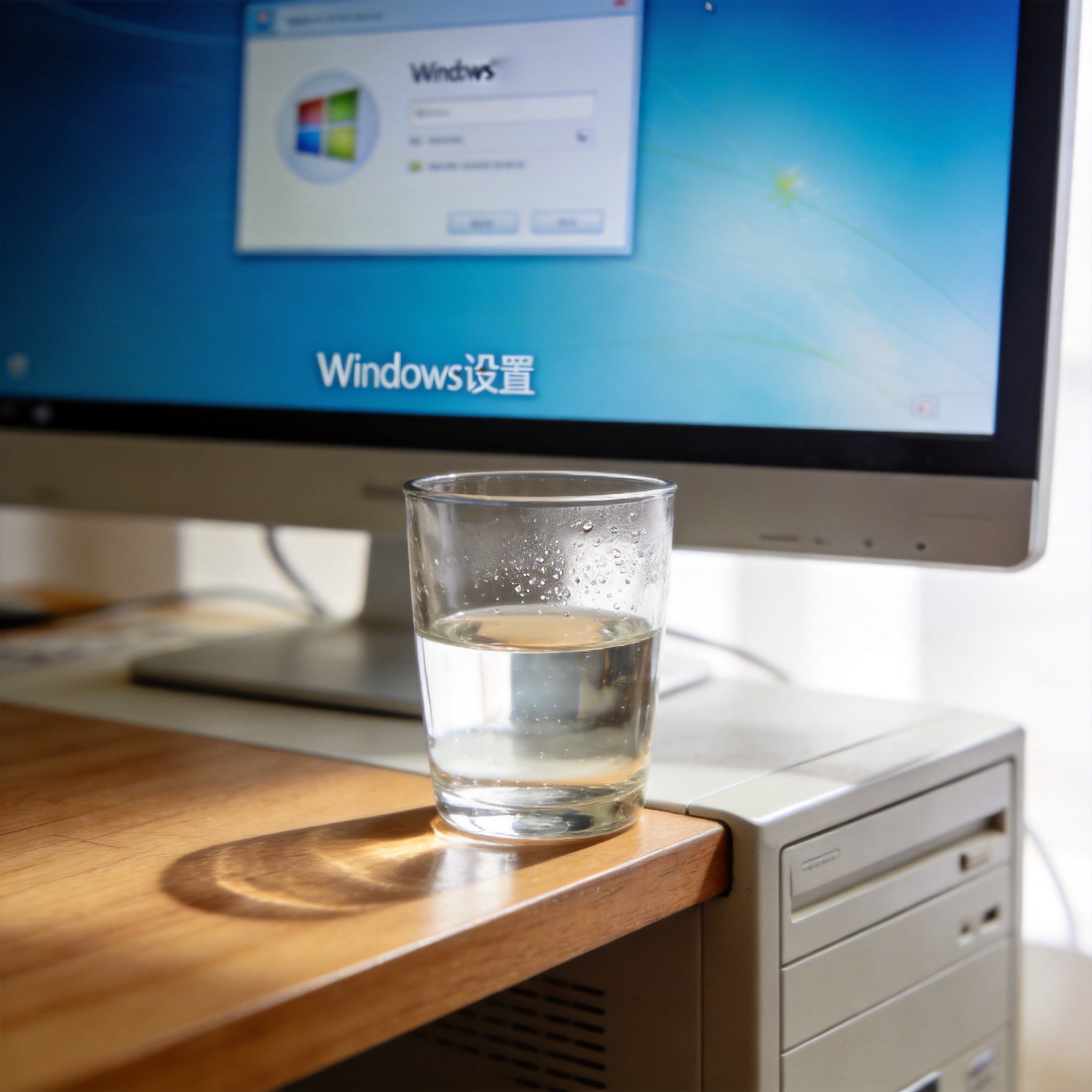 书桌上的主机，屏幕显示Windows设置界面，桌角放着水杯，自然光