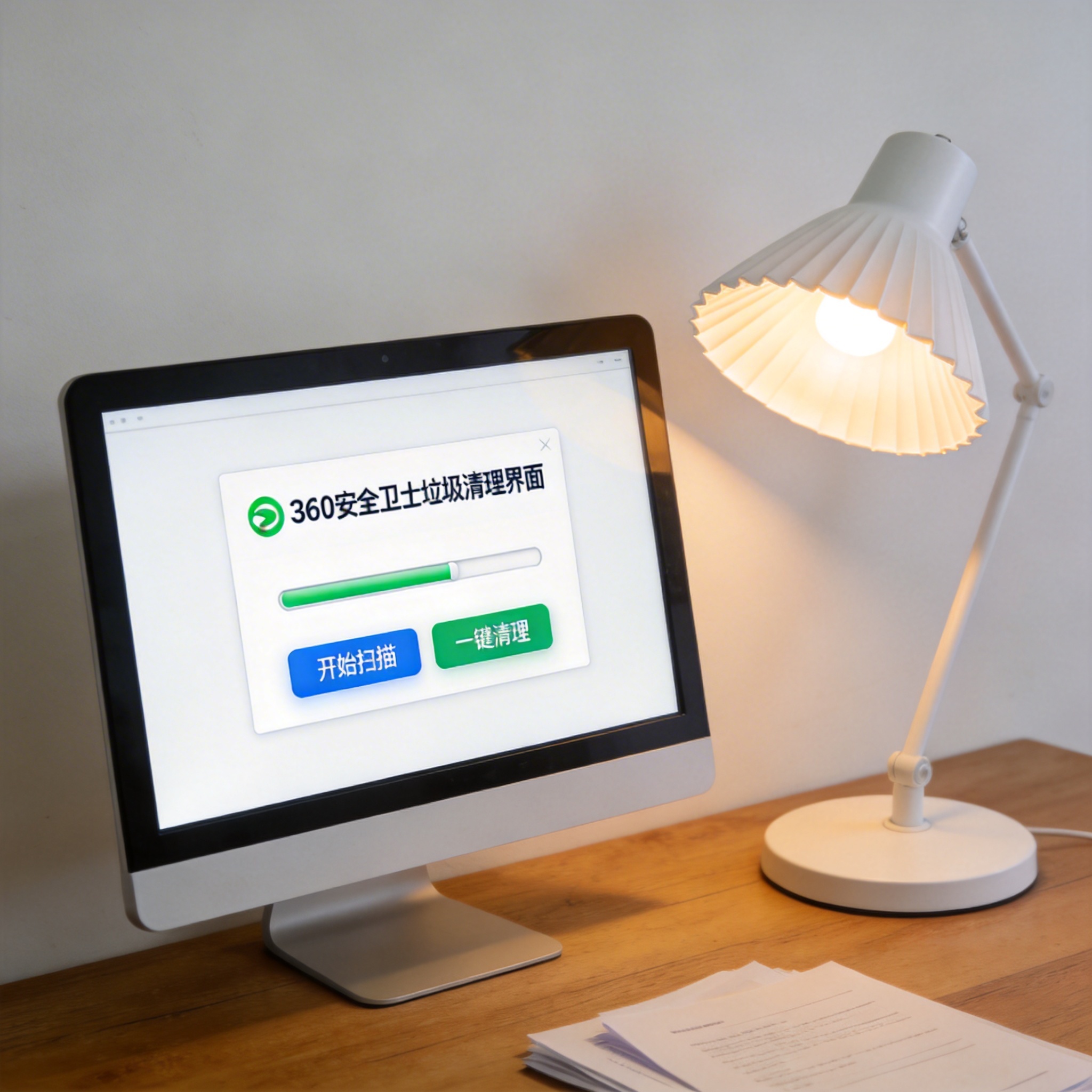 电脑桌上的电脑，屏幕显示360 安全卫士垃圾清理界面，旁边放着台灯