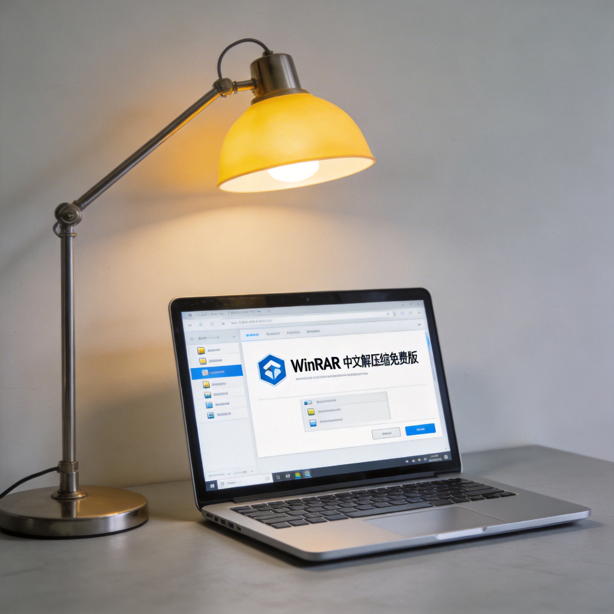 电脑桌上的电脑，屏幕显示winrar 中文解压缩免费版菜单，旁边放着台灯