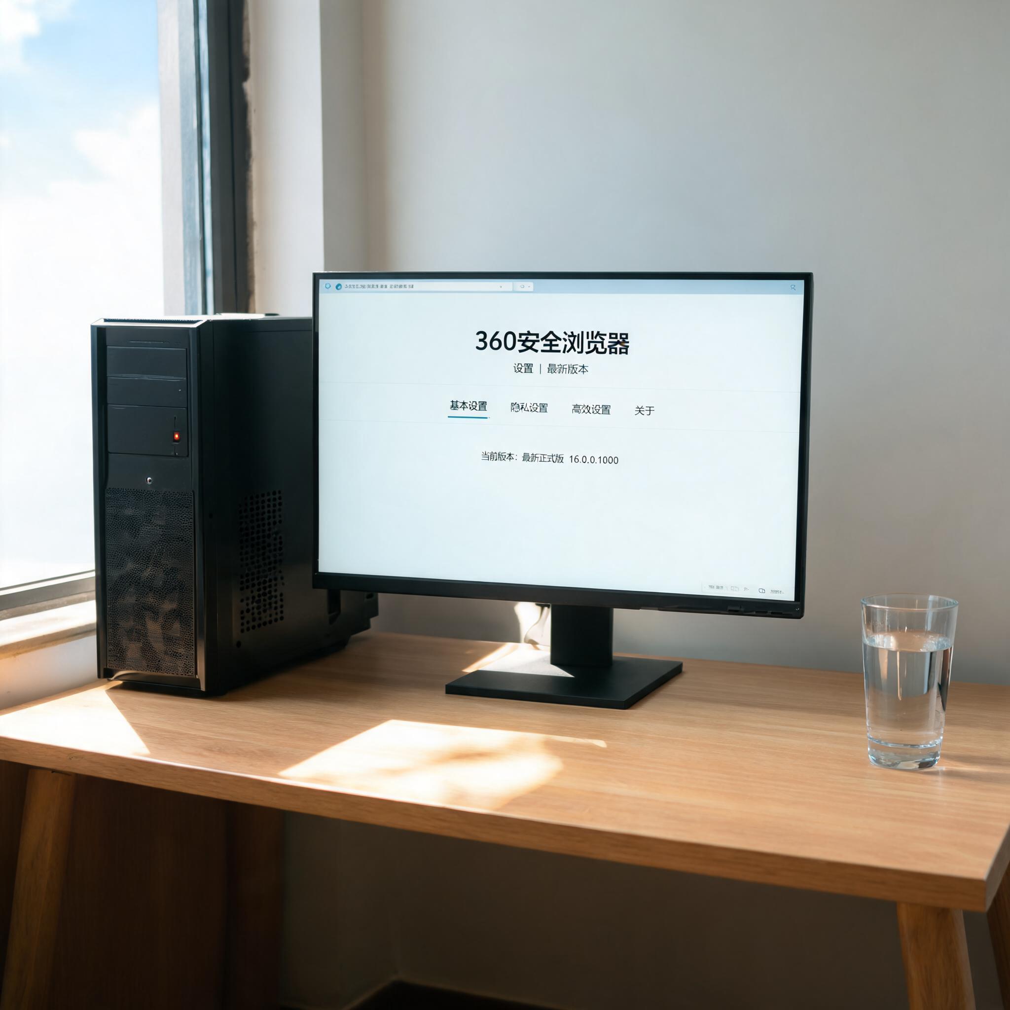 书桌上的主机，屏幕显示360 安全浏览器最新版本设置界面，桌角放着水杯，自然光