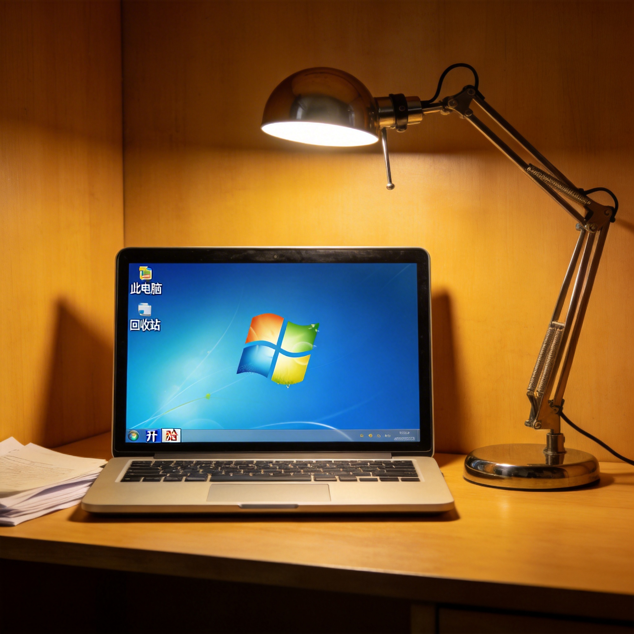 电脑桌上的电脑，屏幕显示Windows界面，旁边放着台灯