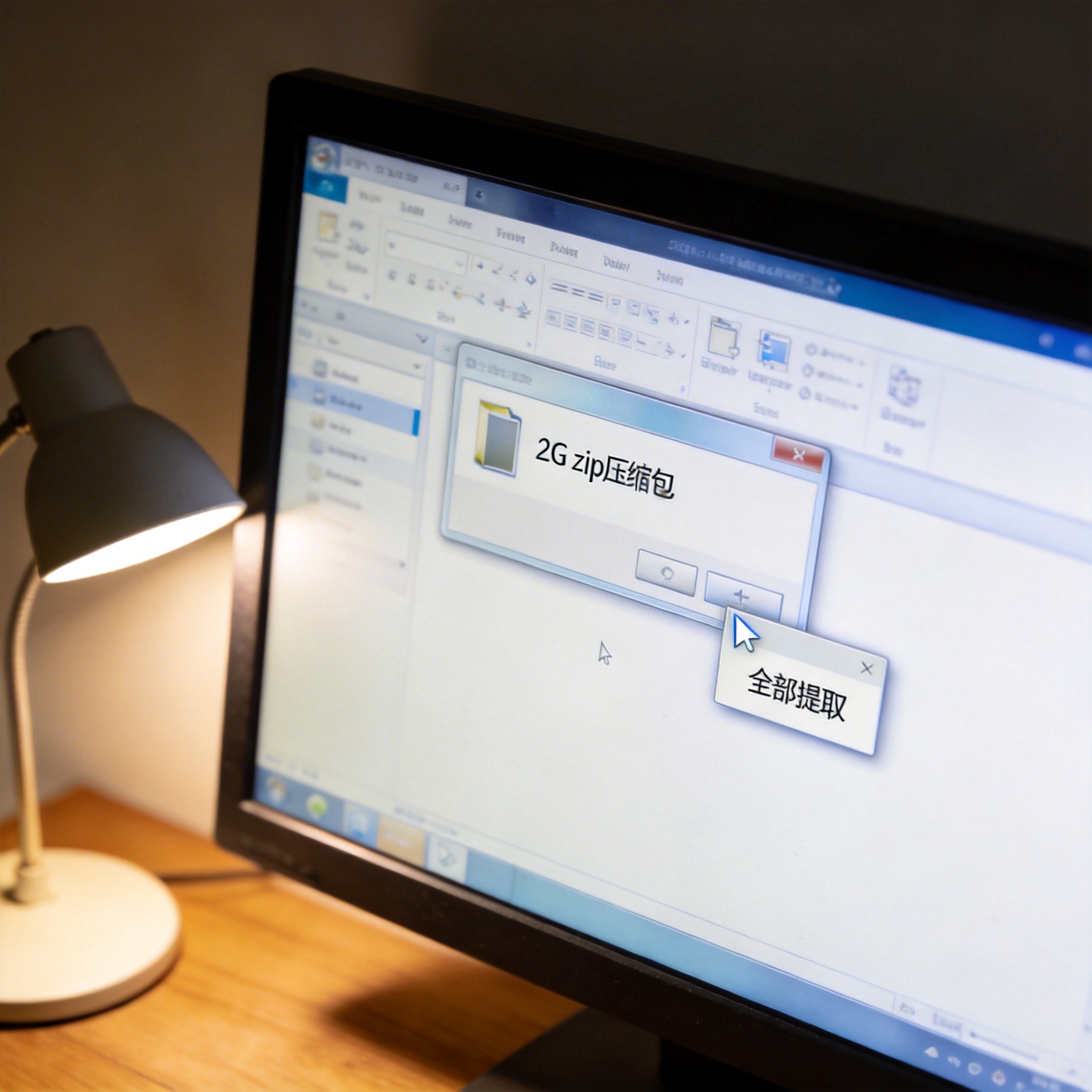台式电脑屏幕显示文件资源管理器窗口，里面有2G大小的zip压缩包，右键菜单弹出“全部提取”选项，桌面角落有台灯，屏幕光照亮桌面