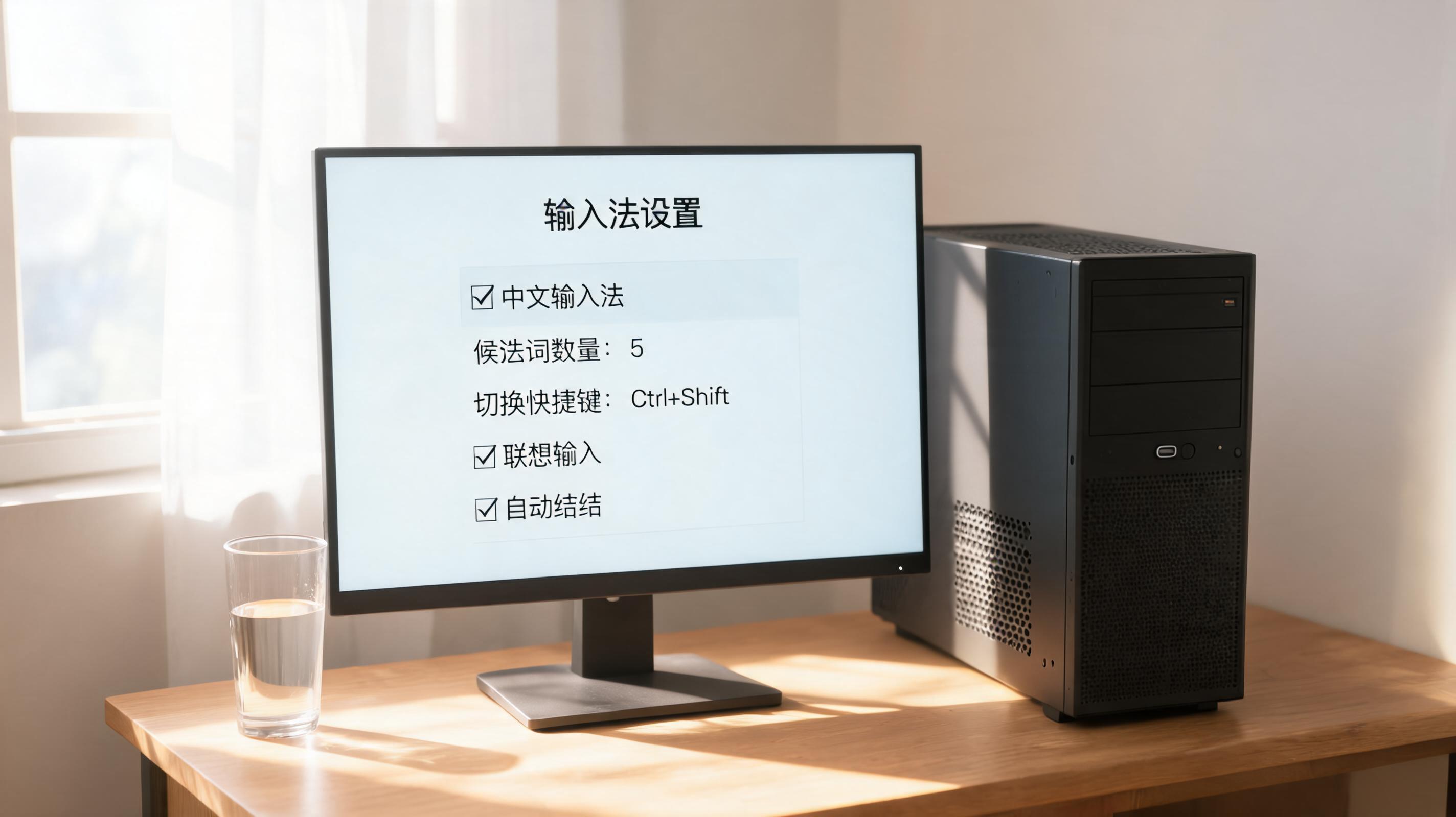 书桌上的主机，屏幕显示输入法设置界面，桌角放着水杯，自然光
