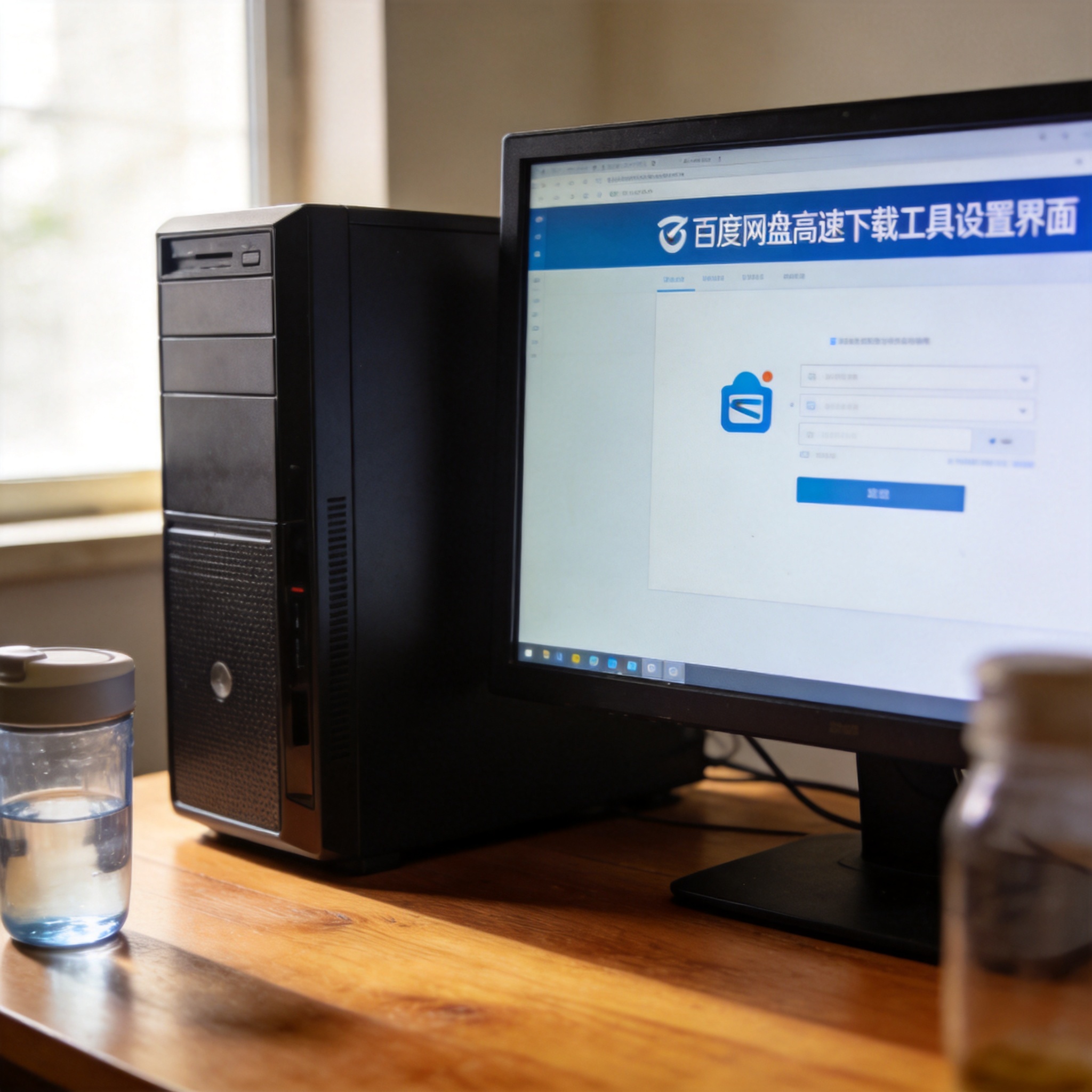 书桌上的主机，屏幕显示百度网盘高速下载工具设置界面，桌角放着水杯，自然光