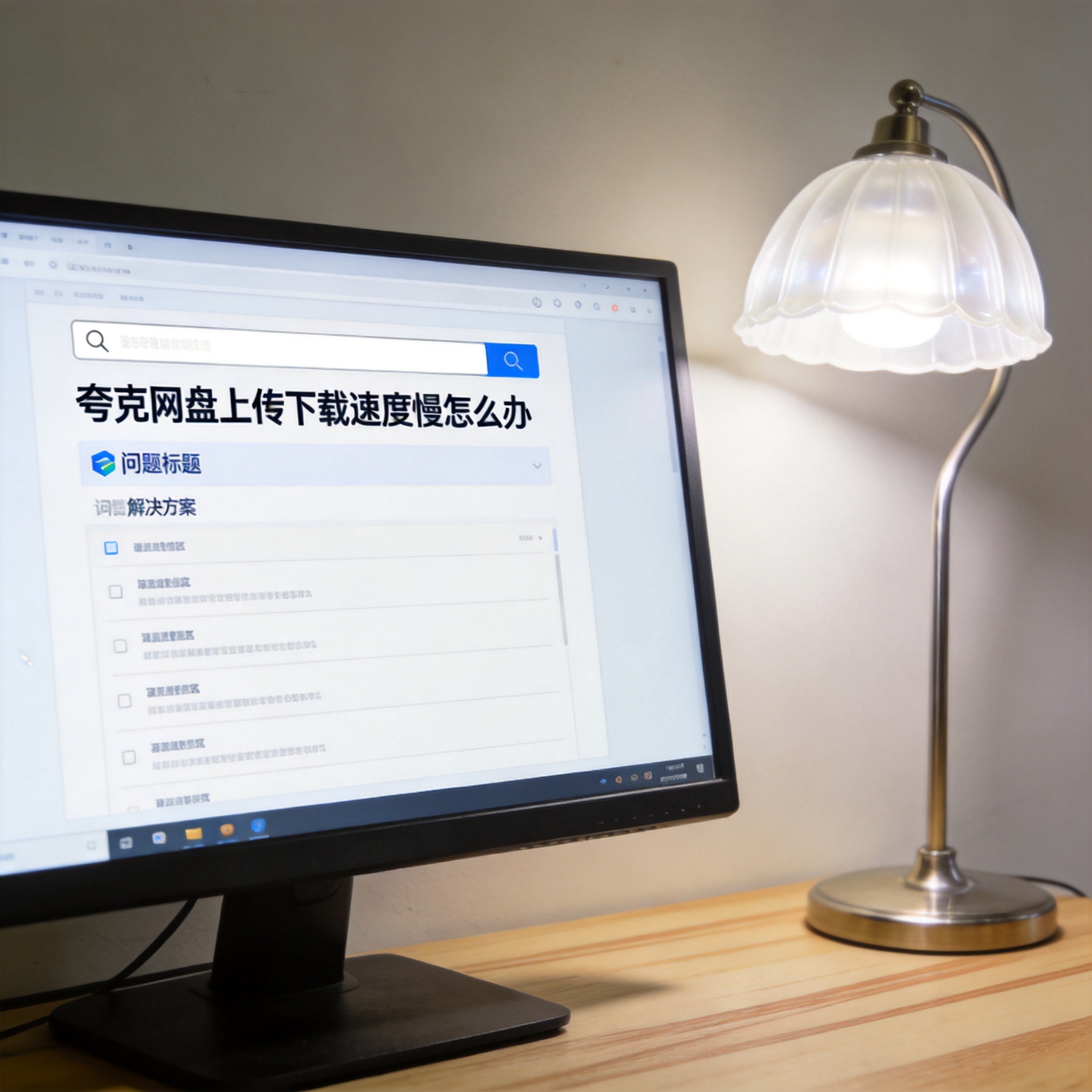 电脑桌上的电脑，屏幕显示夸克网盘上传下载速度慢怎么办界面，旁边放着台灯