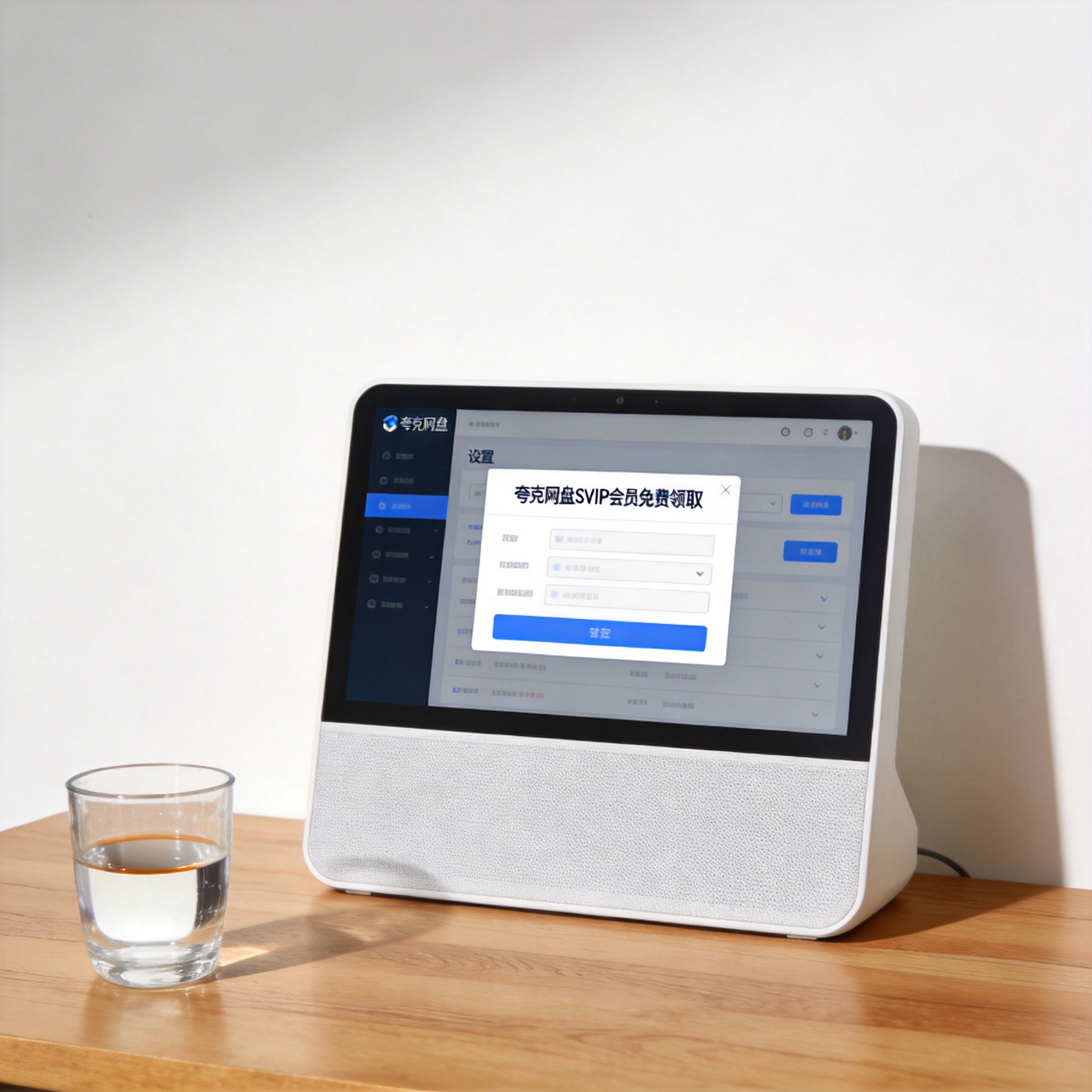 书桌上的主机，屏幕显示夸克网盘 SVIP 会员免费领取设置界面，桌角放着水杯，自然光