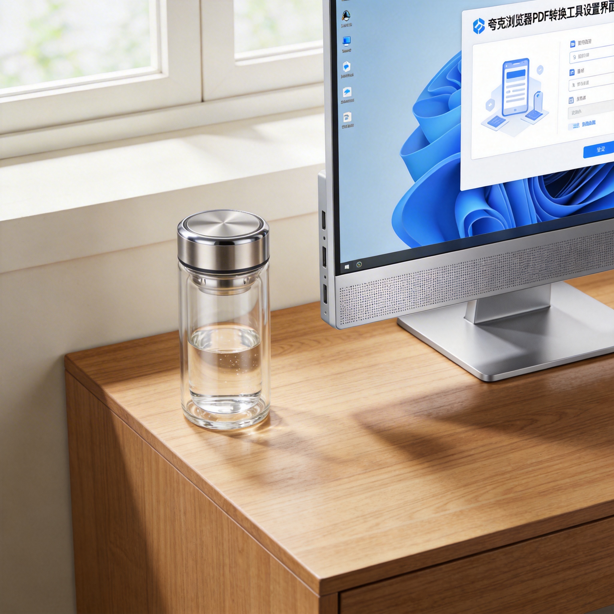 书桌上的主机，屏幕显示夸克浏览器 PDF 转换工具设置界面，桌角放着水杯，自然光