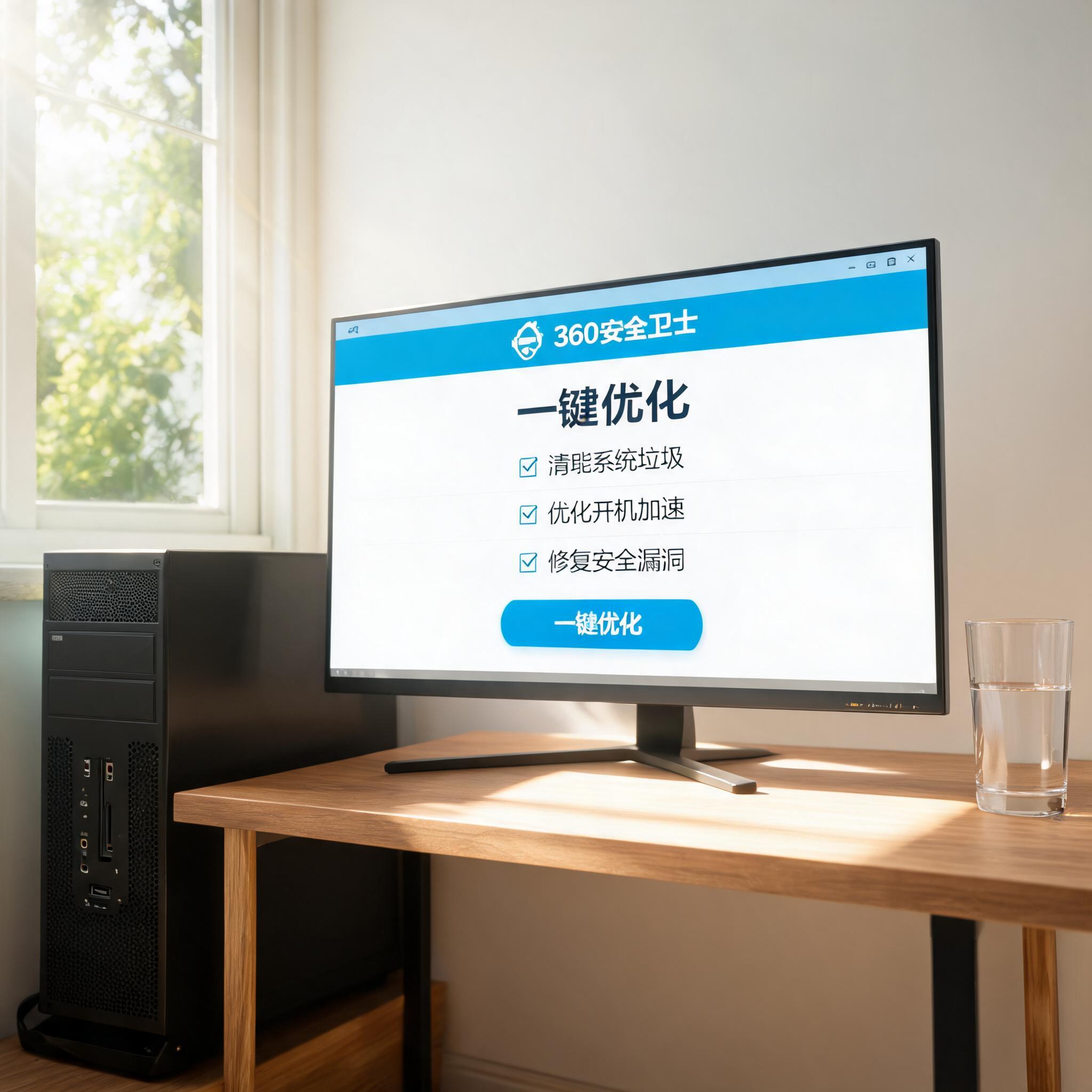 书桌上的主机，屏幕显示360 卫士一键优化功能设置界面，桌角放着水杯，自然光
