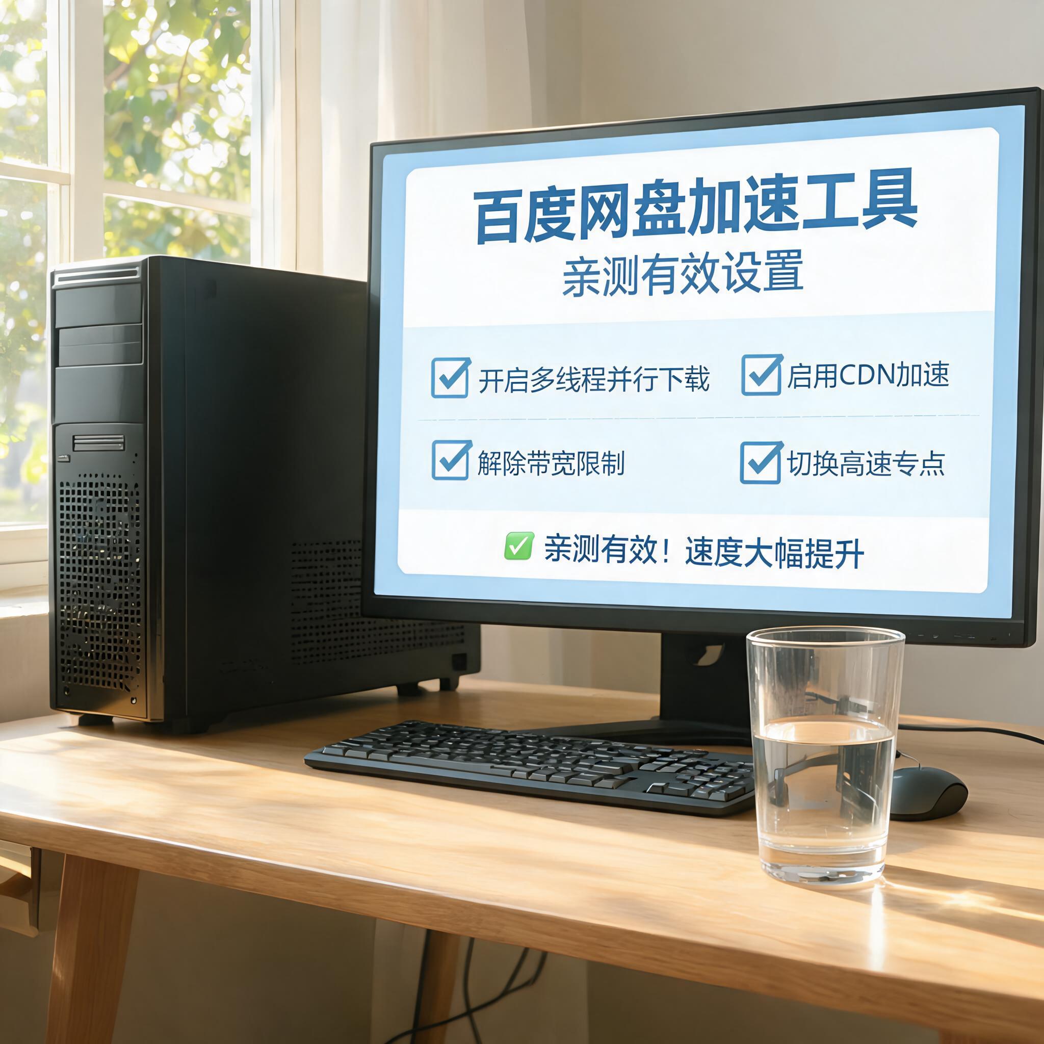 书桌上的主机，屏幕显示百度网盘加速工具亲测有效设置界面，桌角放着水杯，自然光
