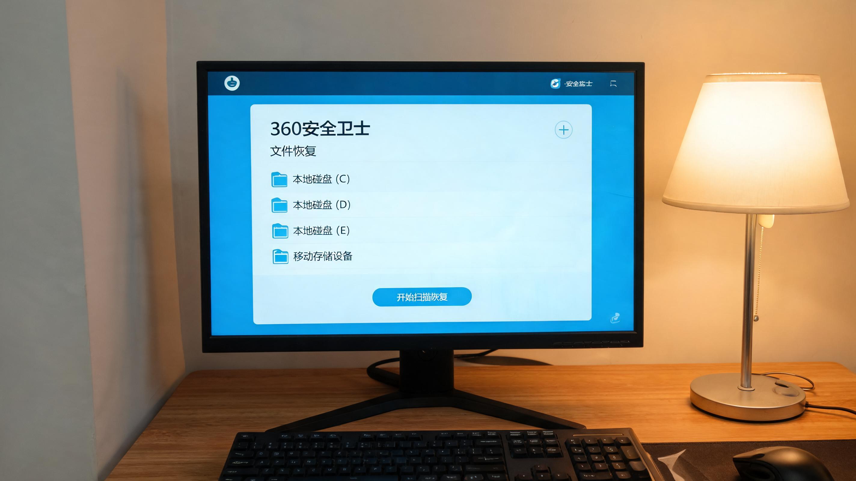 电脑桌上的电脑，屏幕显示360 安全卫士文件恢复功能分区，旁边放着台灯