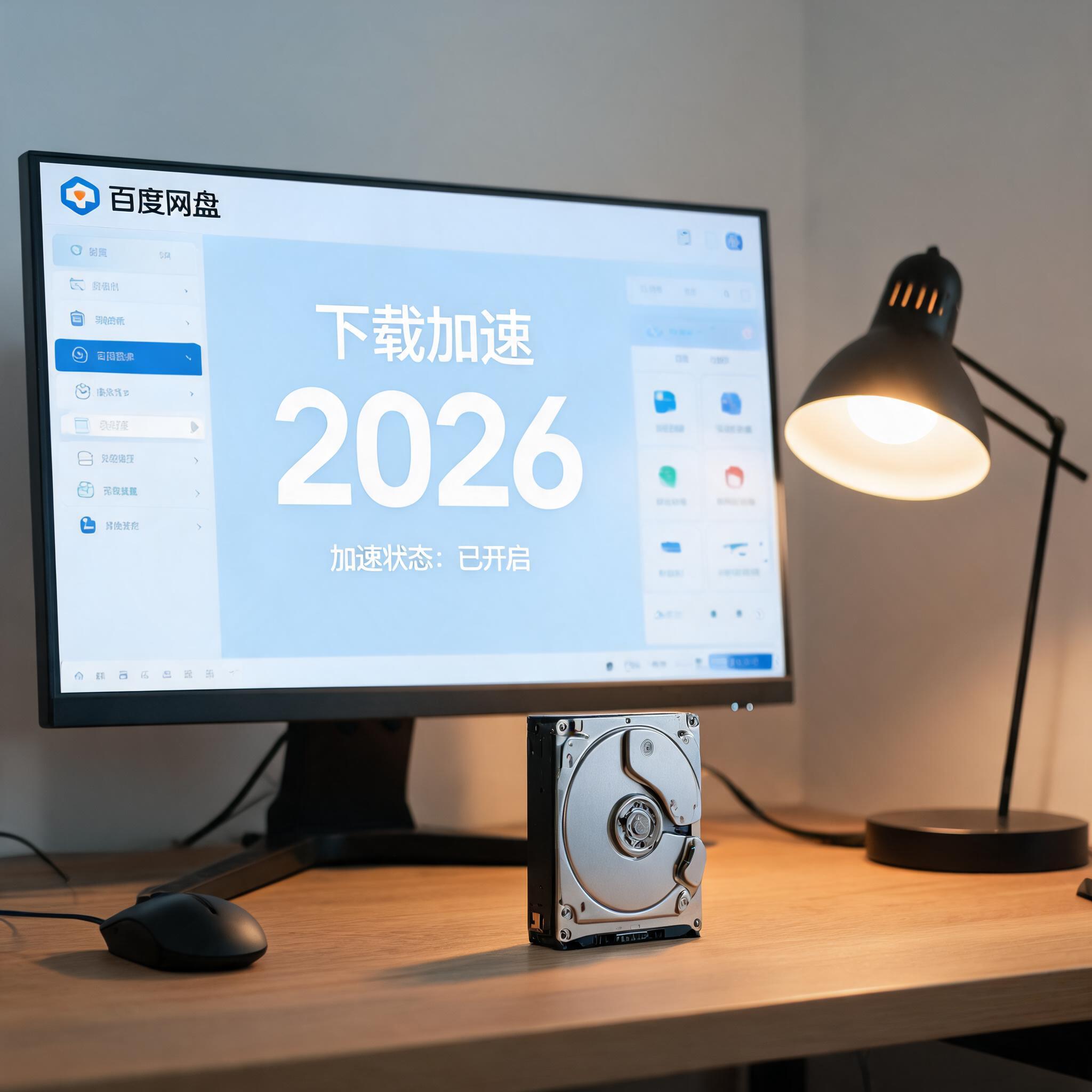 电脑桌上的硬盘，屏幕显示百度网盘下载加速 2026界面，旁边放着台灯