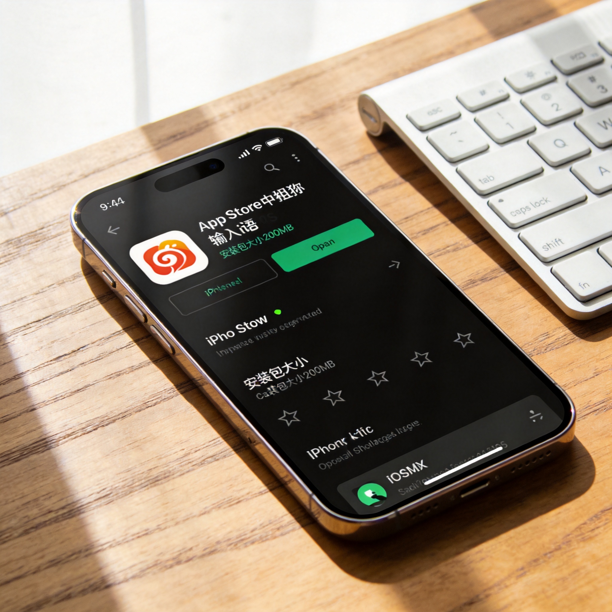 桌面摆放的iPhone，屏幕显示App Store里搜狗输入法iOS版的下载界面，标注安装包大小200MB，旁边放着无线键盘，室内自然光