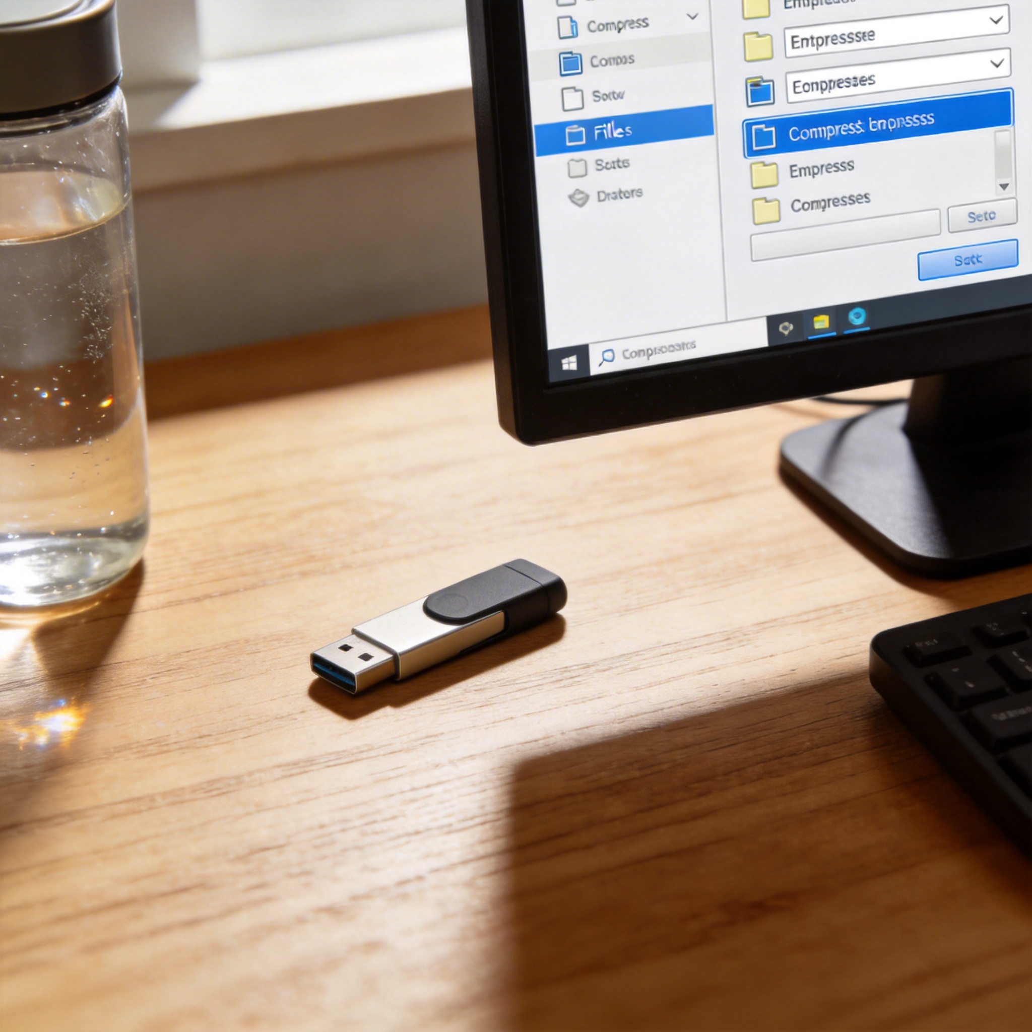 书桌上的U盘，屏幕显示文件压缩后怎么解压回来设置界面，桌角放着水杯，自然光