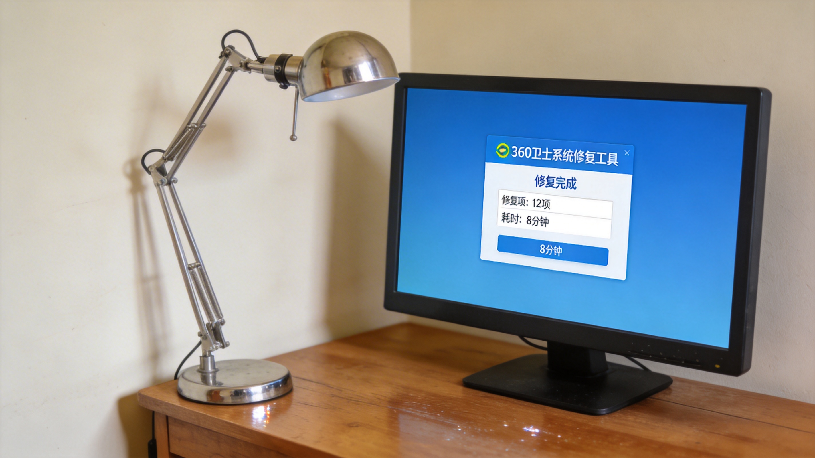 台式机电脑桌，屏幕显示360卫士系统修复工具的修复报告界面，桌面角落有台金属外壳台灯，室内自然光