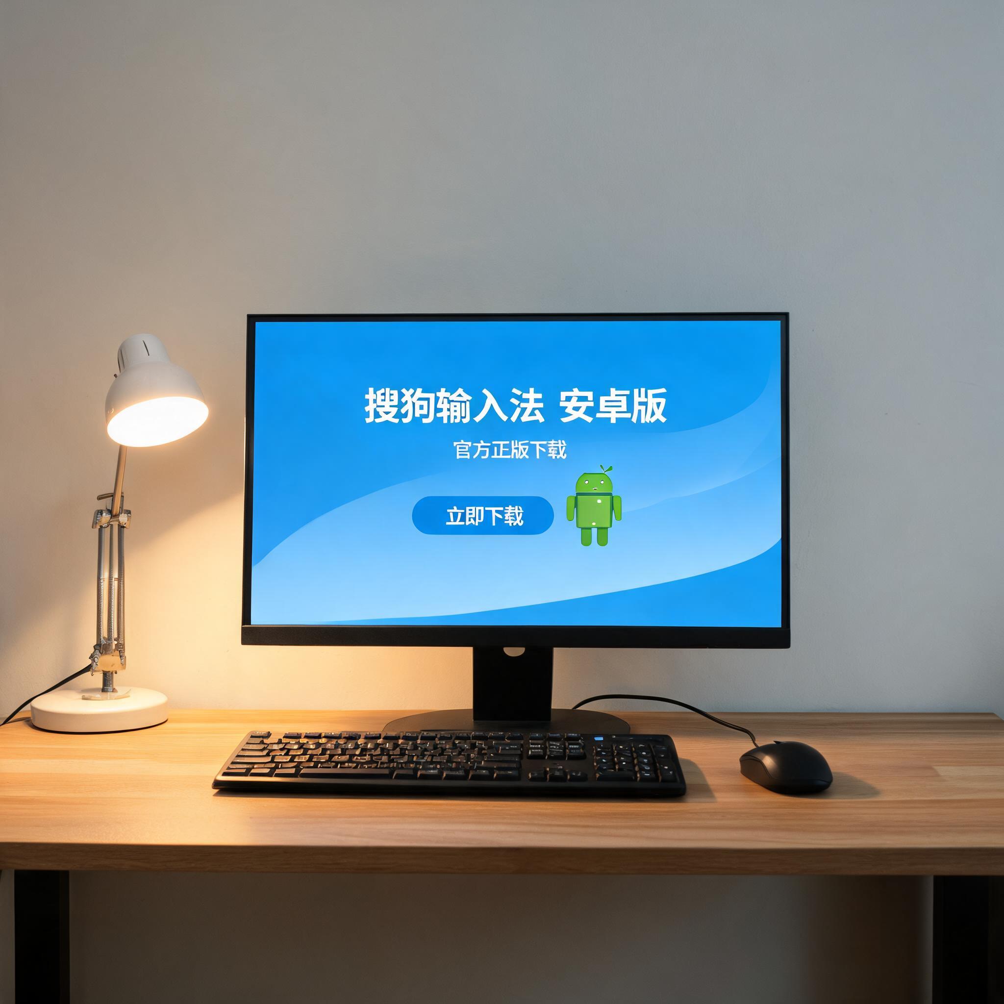 电脑桌上的电脑，屏幕显示搜狗输入法安卓版下载界面，旁边放着台灯