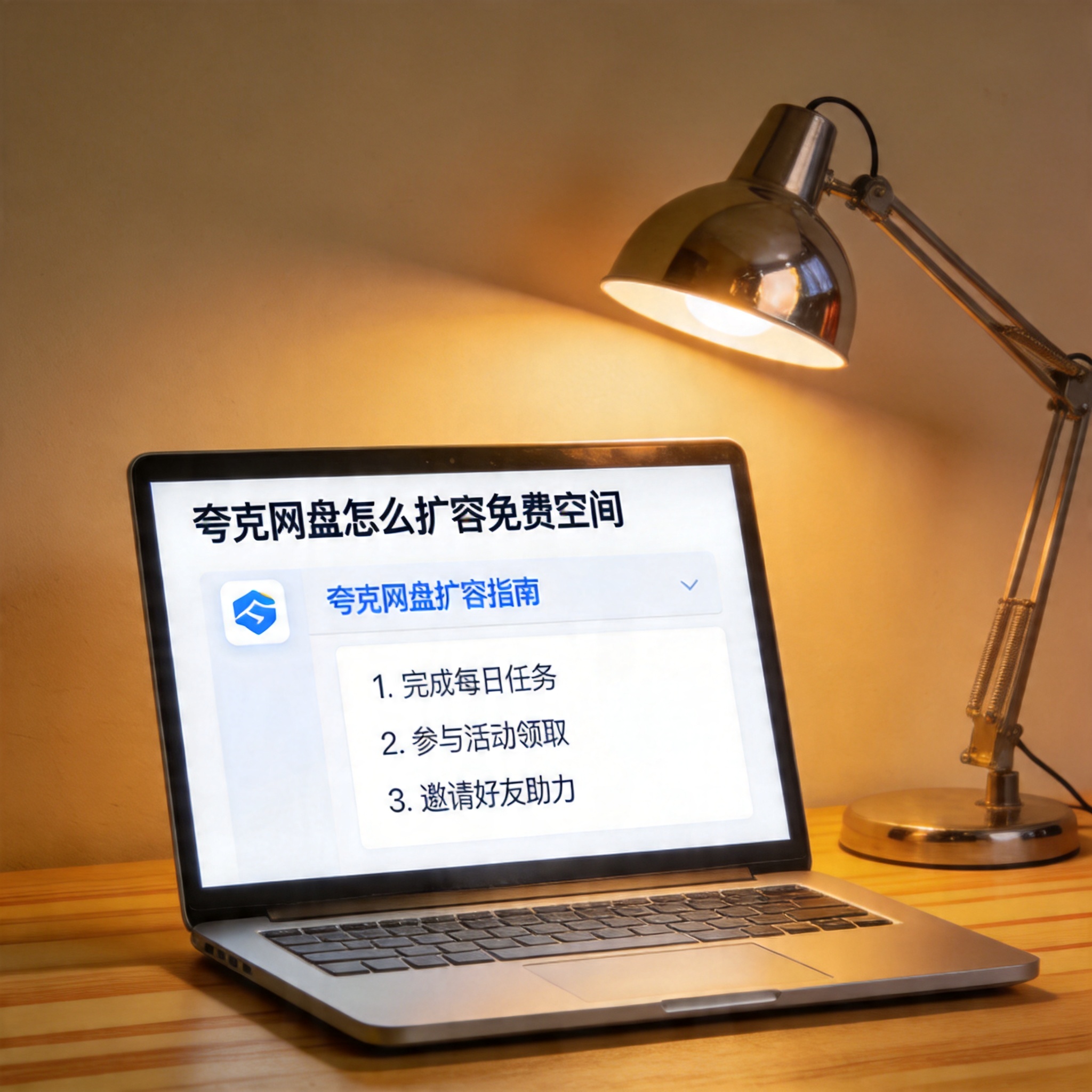 电脑桌上的电脑，屏幕显示夸克网盘怎么扩容免费空间界面，旁边放着台灯