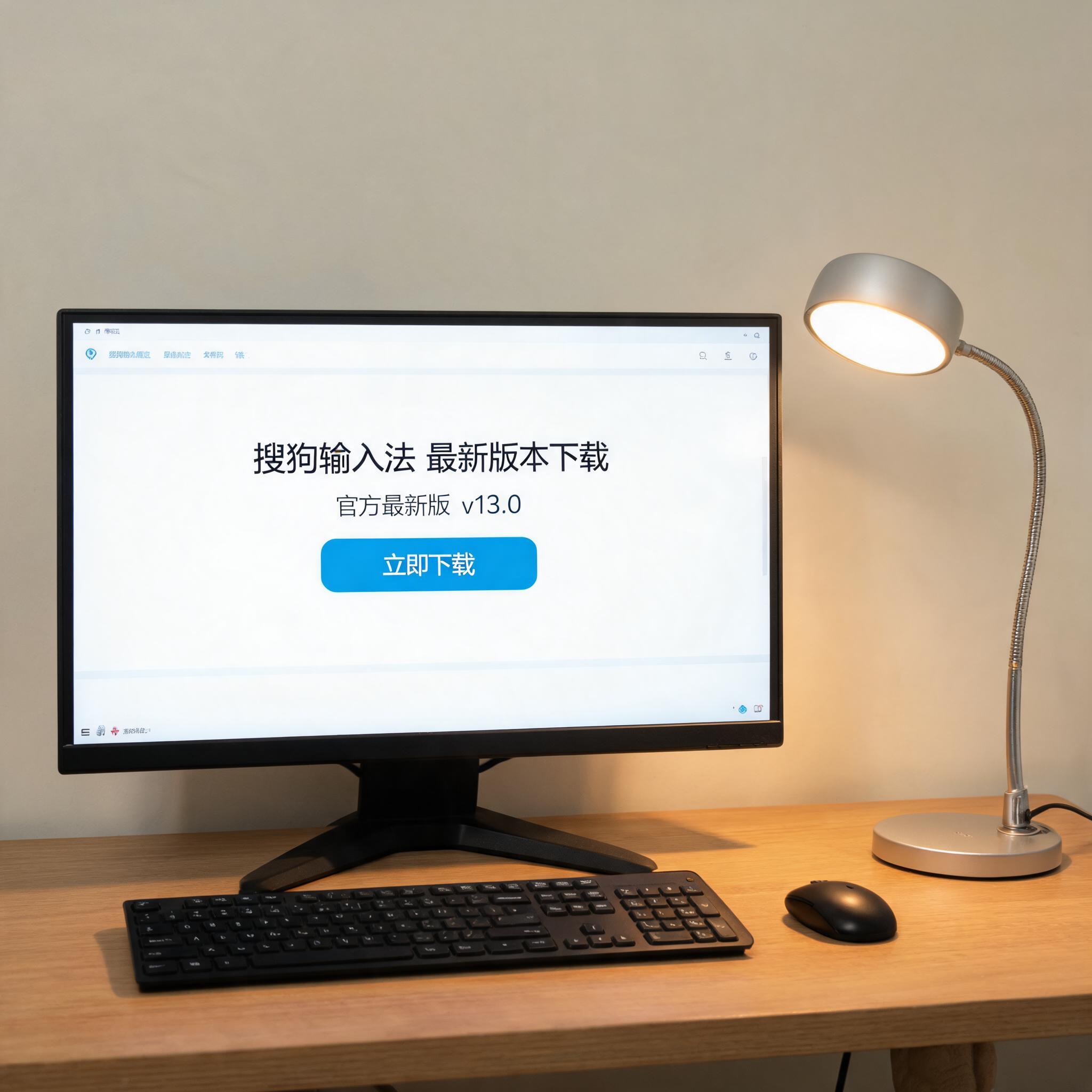 电脑桌上的电脑，屏幕显示搜狗输入法最新版本下载界面，旁边放着台灯