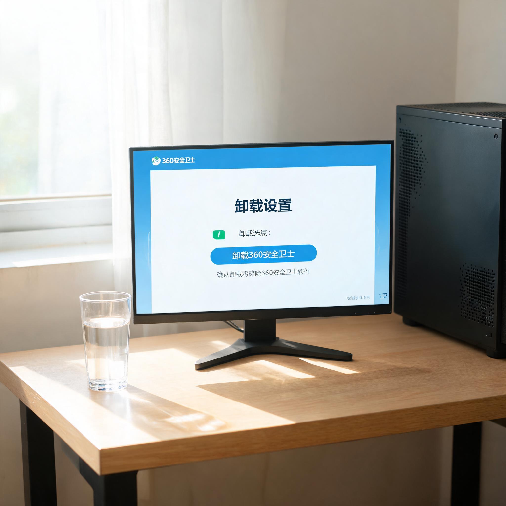书桌上的主机，屏幕显示360 安全卫士如何卸载设置界面，桌角放着水杯，自然光