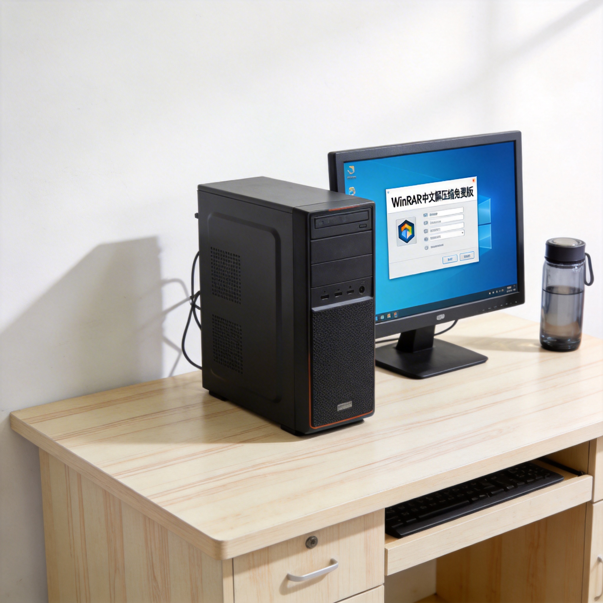 书桌上的主机，屏幕显示winrar 中文解压缩免费版设置界面，桌角放着水杯，自然光