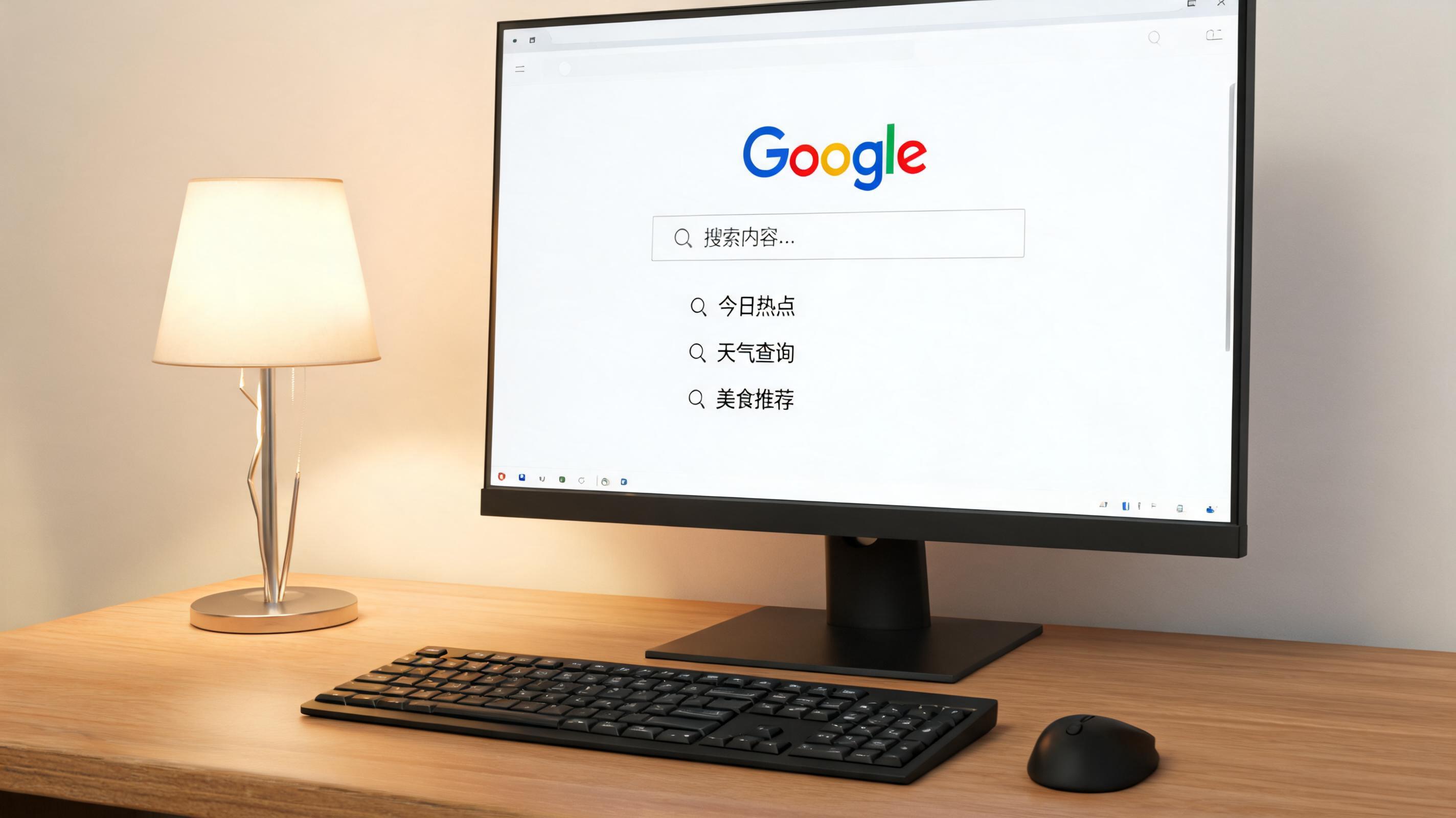 电脑桌上的电脑，屏幕显示Guge拼音搜索类界面，旁边放着台灯
