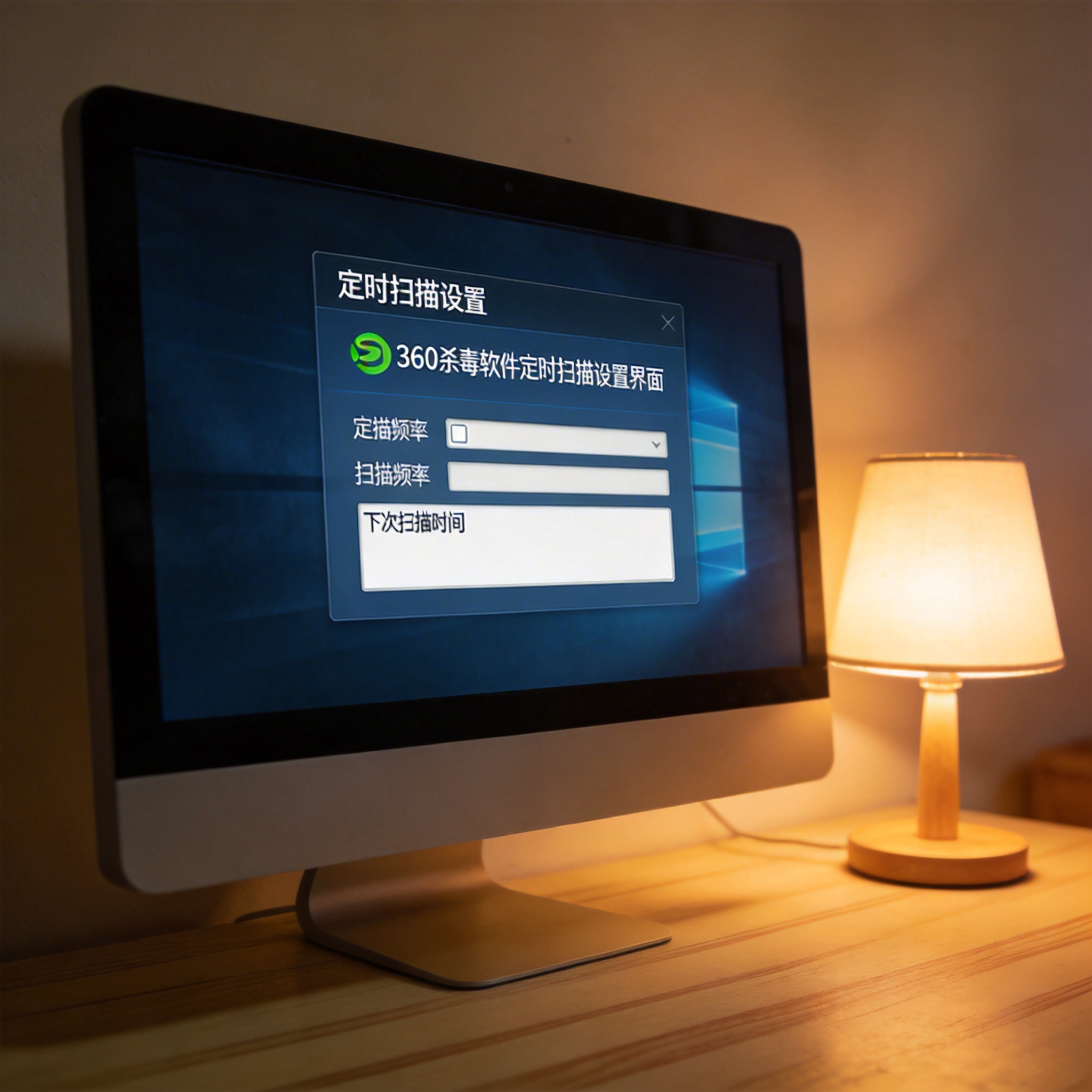 电脑桌上的电脑，屏幕显示360 杀毒软件定时扫描设置界面，旁边放着台灯