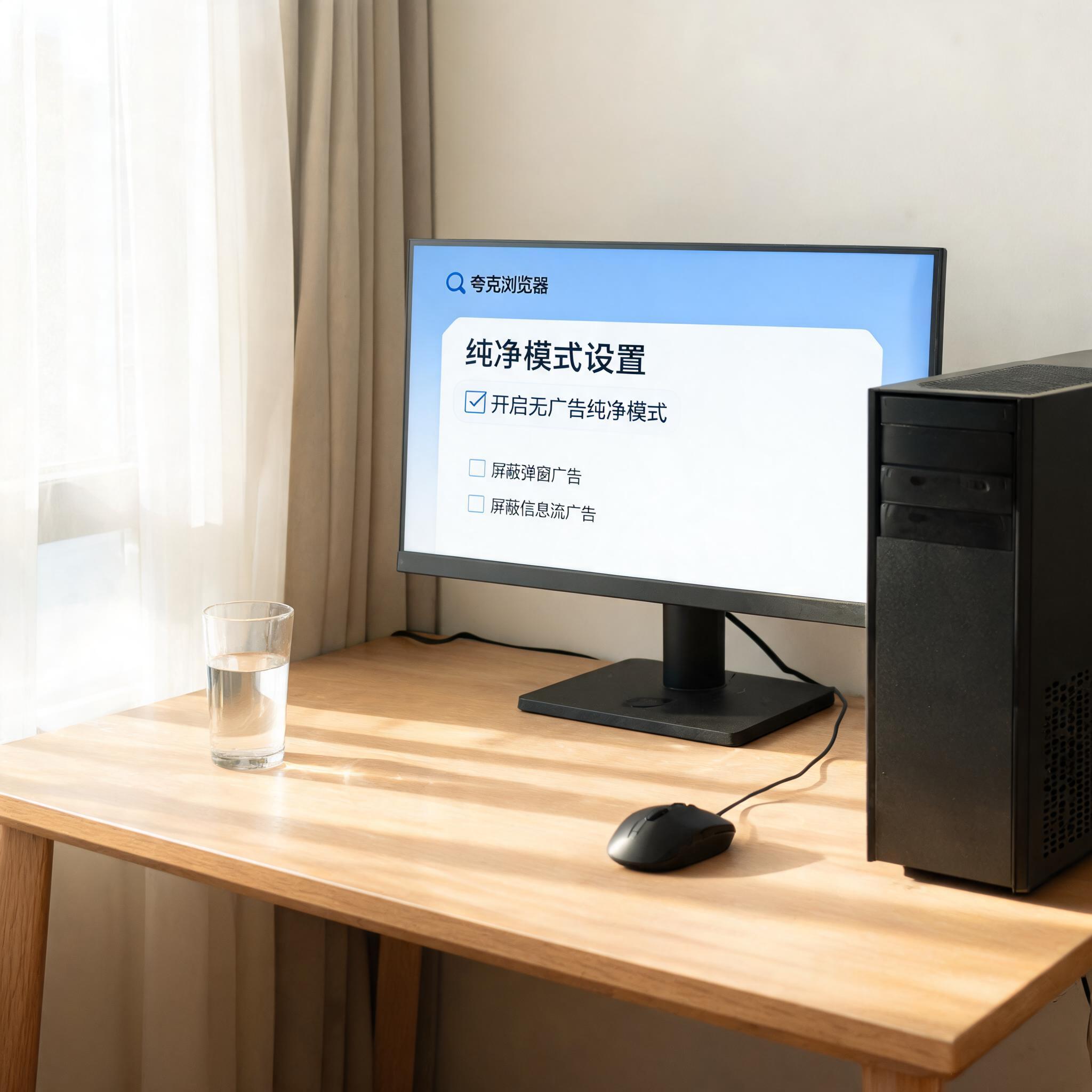 书桌上的主机，屏幕显示夸克浏览器无广告纯净模式设置界面，桌角放着水杯，自然光