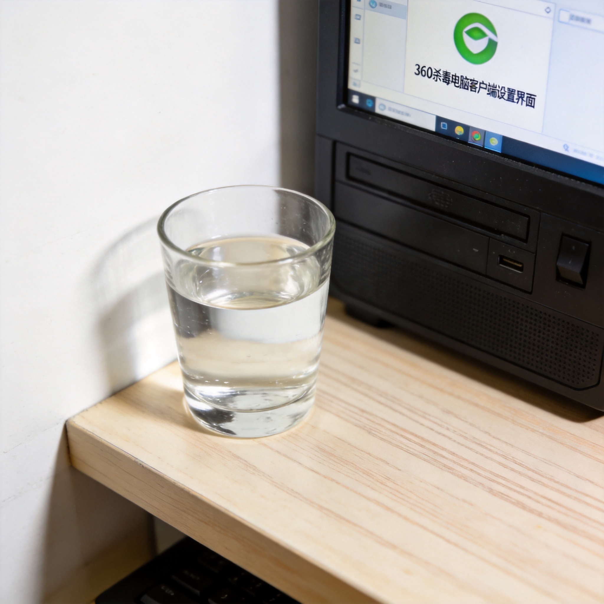 书桌上的主机，屏幕显示360 杀毒电脑客户端设置界面，桌角放着水杯，自然光