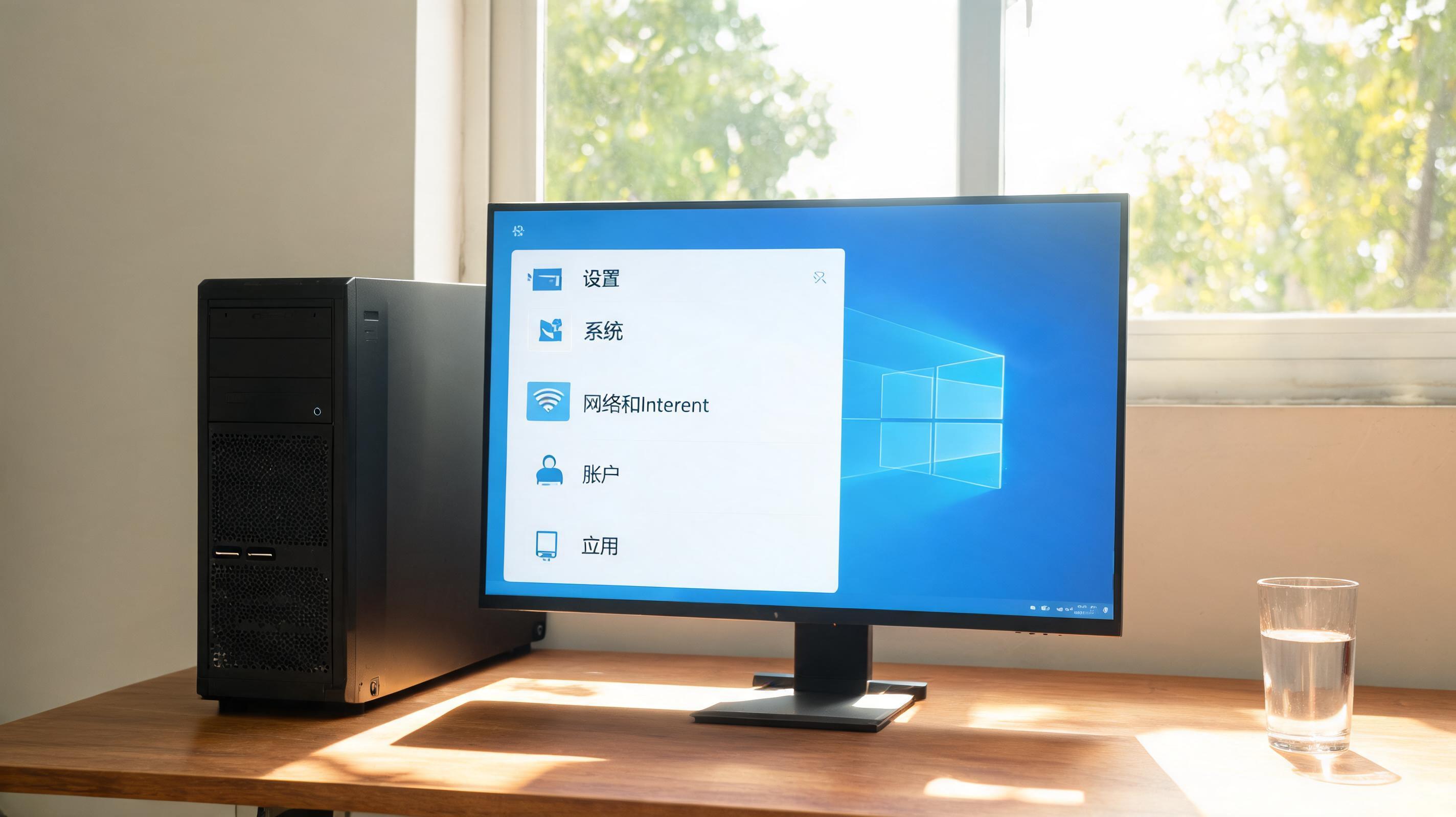 书桌上的主机，屏幕显示Windows设置界面，桌角放着水杯，自然光