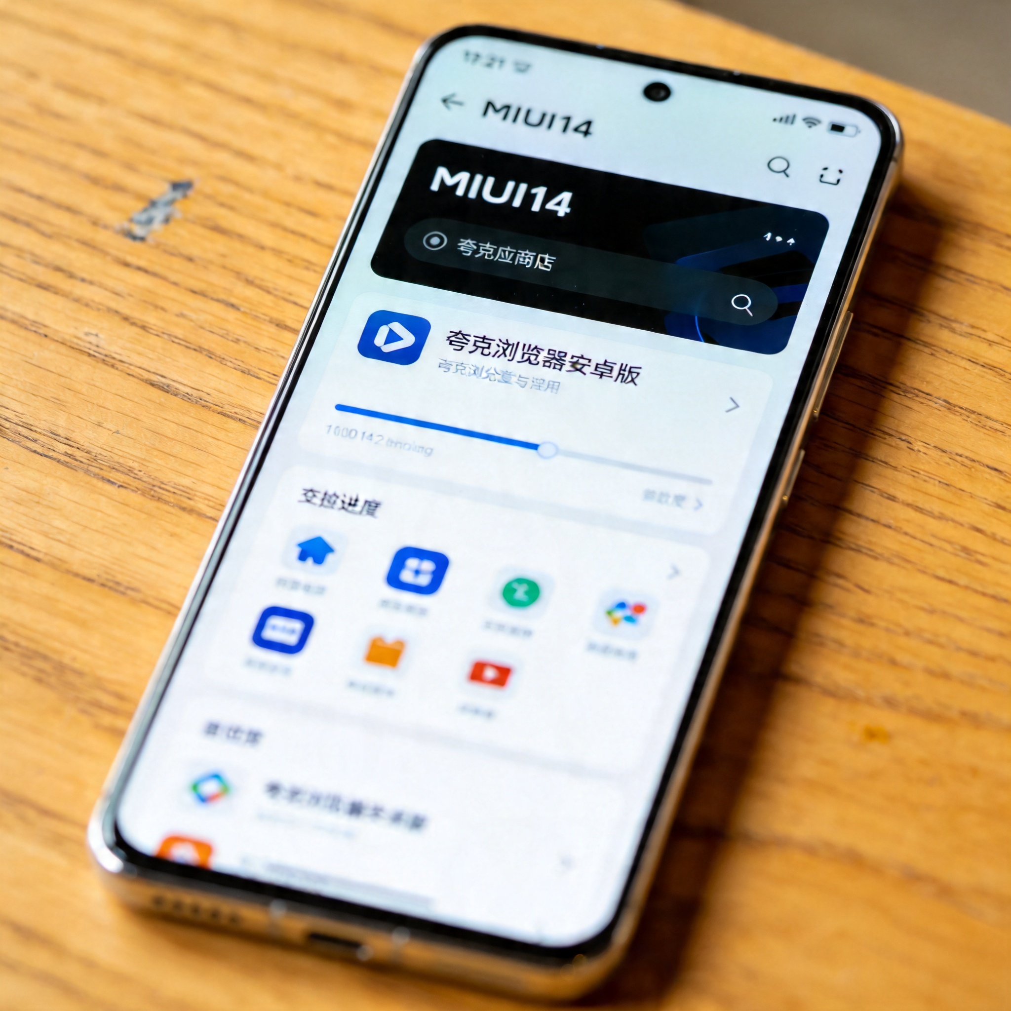 桌面放着小米12手机，屏幕显示MIUI14系统的应用商店界面，正在加载夸克浏览器安卓版的下载页，室内自然光