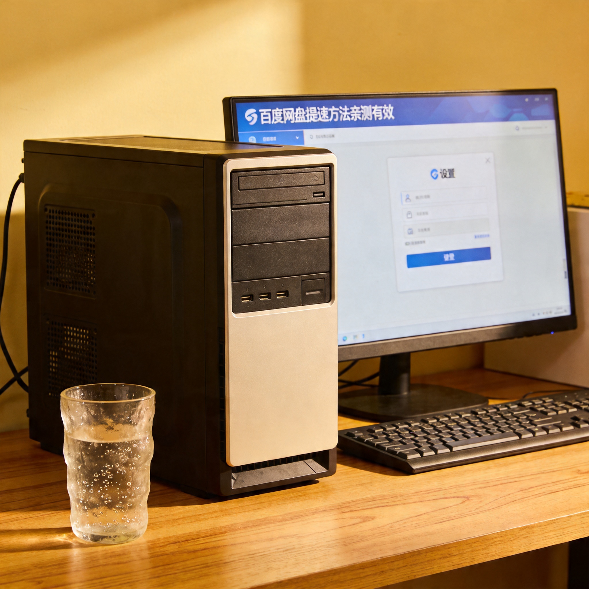 书桌上的主机，屏幕显示百度网盘提速方法亲测有效设置界面，桌角放着水杯，自然光