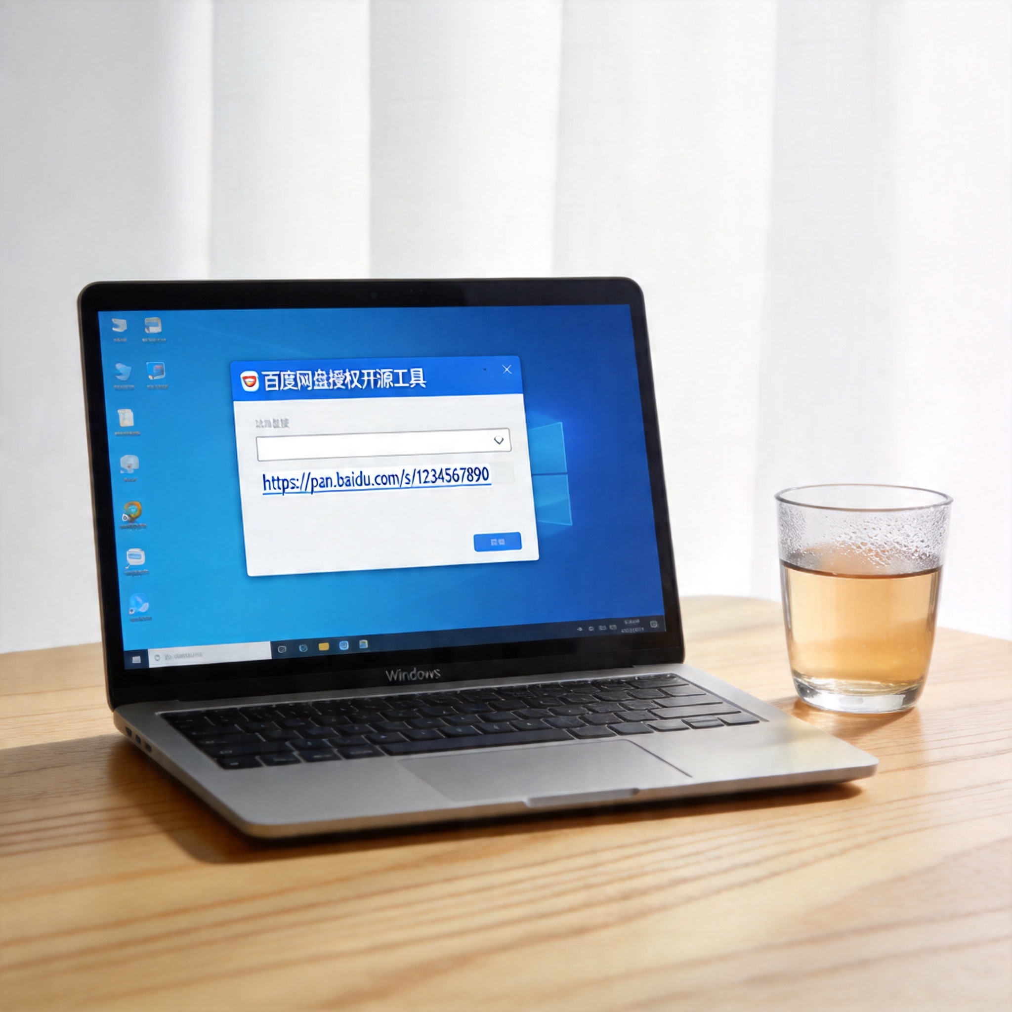 Windows系统的电脑放在桌面上，屏幕显示百度网盘授权开源工具的界面，输入框里粘贴着文件链接，旁边放着半杯温水，室内自然光