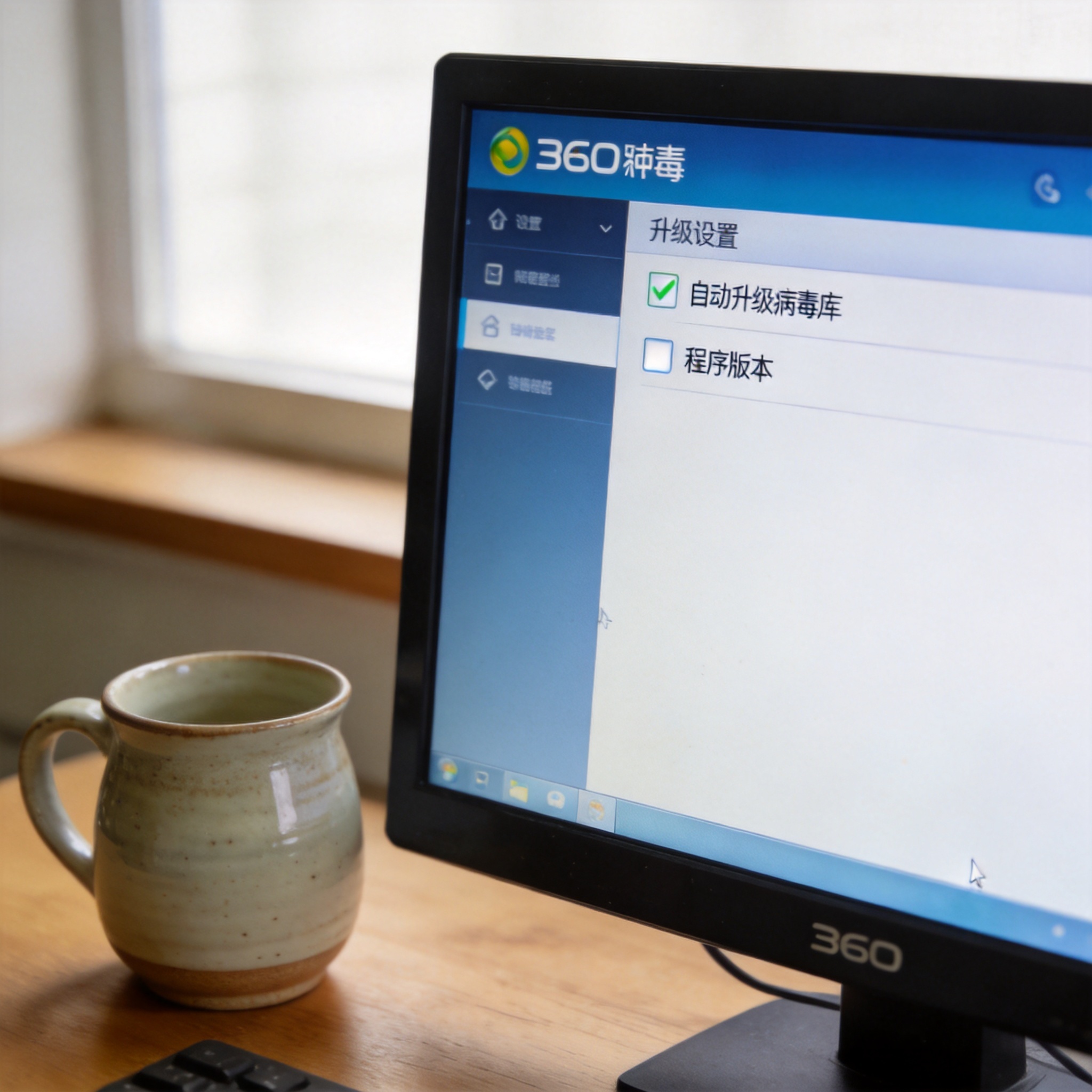电脑桌的电脑屏幕显示360杀毒软件的设置界面，升级设置选项里勾选着自动升级病毒库和程序版本，旁边放着陶瓷水杯，室内自然光