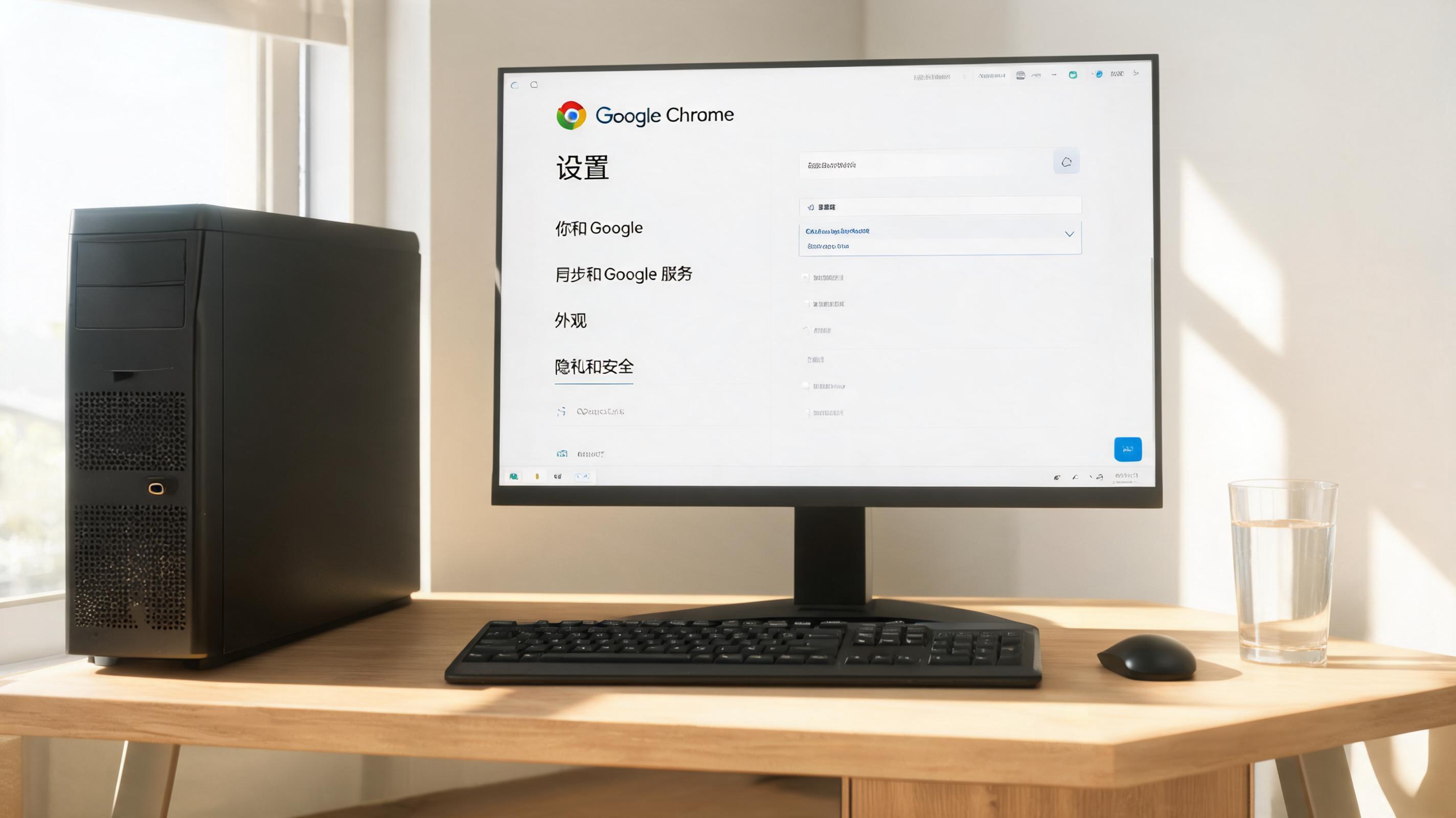 书桌上的主机，屏幕显示谷歌浏览器设置界面，桌角放着水杯，自然光