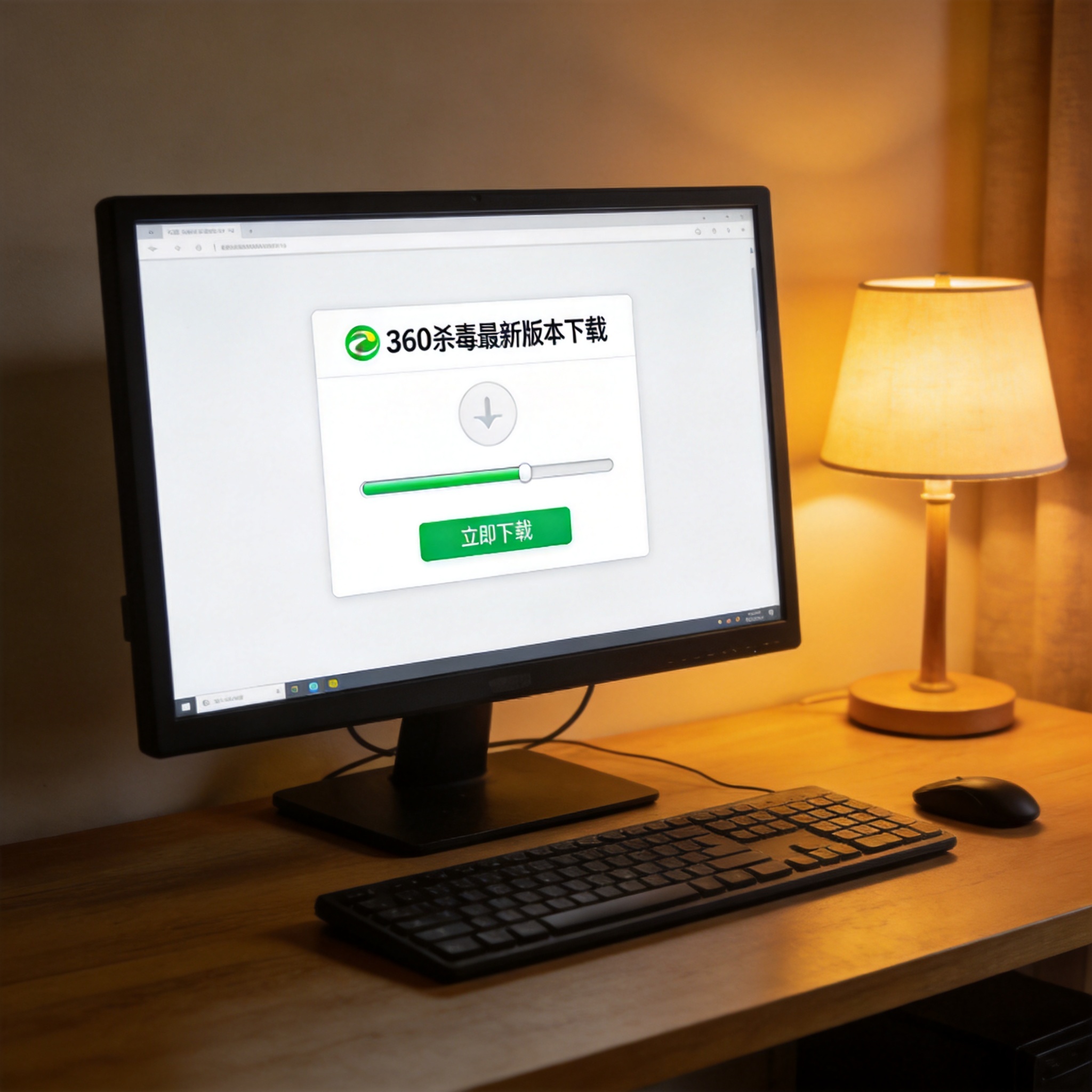 电脑桌上的电脑，屏幕显示360 杀毒最新版本下载界面，旁边放着台灯