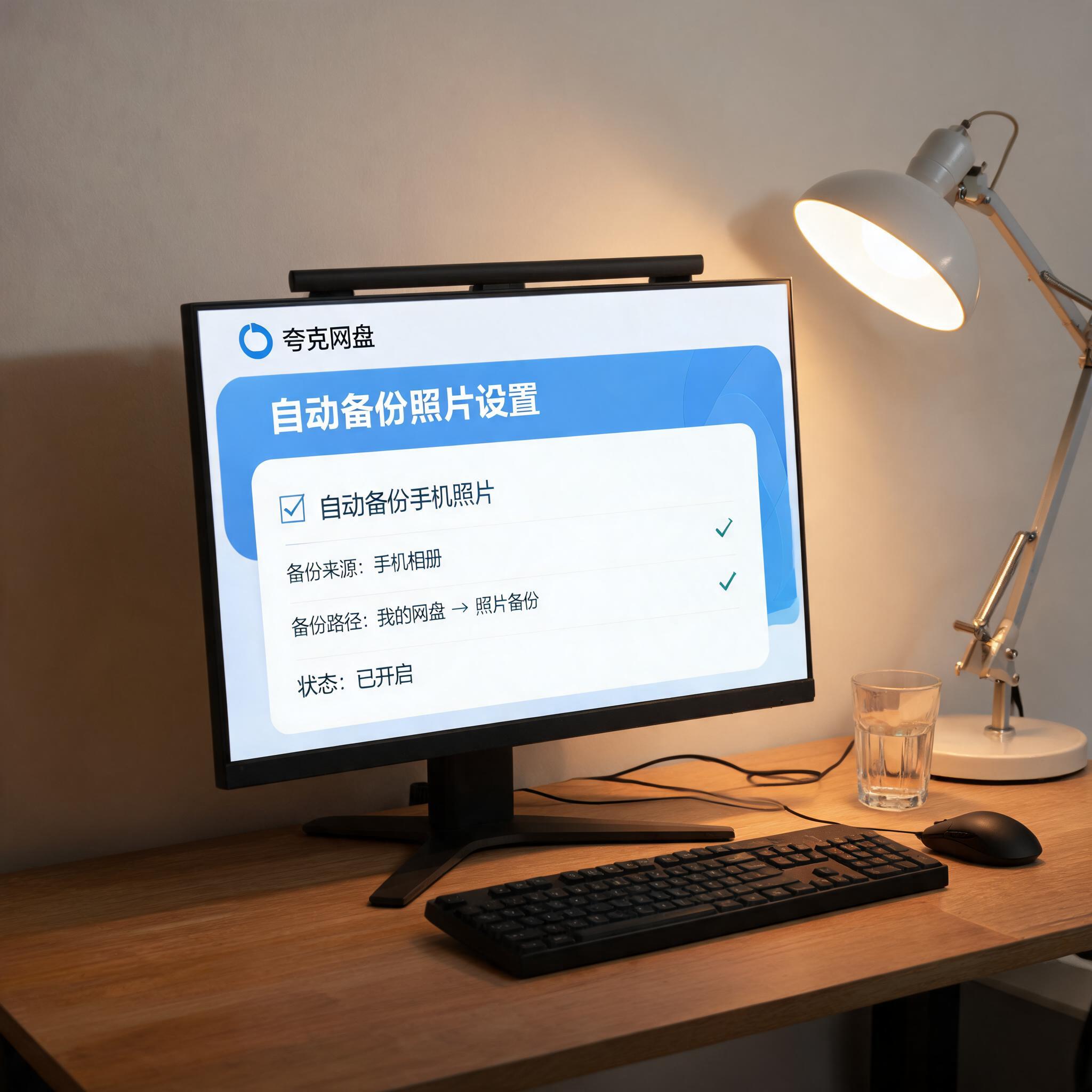 电脑桌上的电脑，屏幕显示夸克网盘自动备份照片设置桌面，旁边放着台灯