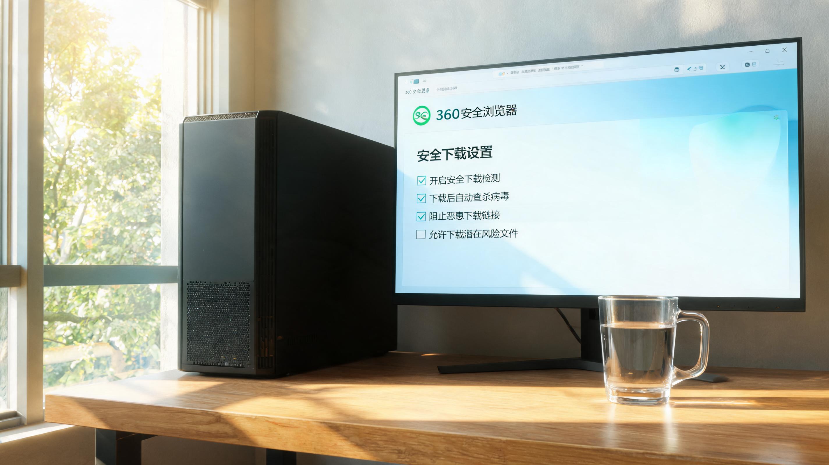 书桌上的主机，屏幕显示360 安全浏览器安全下载设置界面，桌角放着水杯，自然光