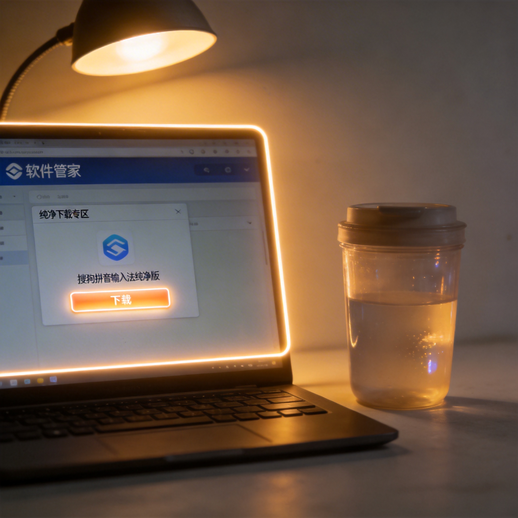 电脑屏幕显示软件管家的纯净下载专区，搜狗拼音输入法纯净版的下载按钮已点亮，旁边放着半透明水杯，台灯暖光