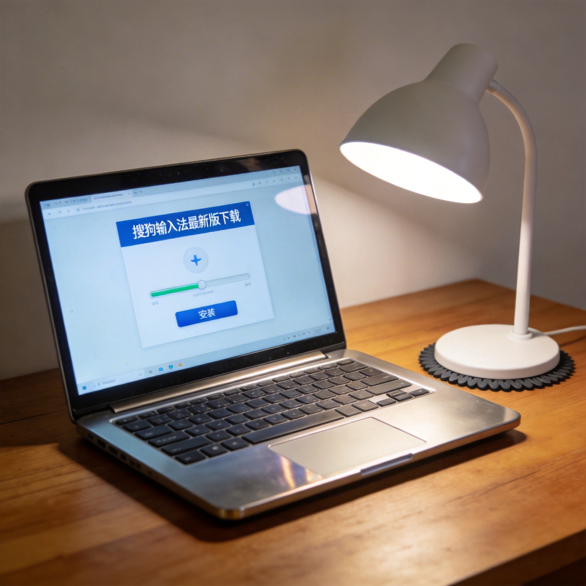 电脑桌上的电脑，屏幕显示搜狗输入法最新版下载界面，旁边放着台灯