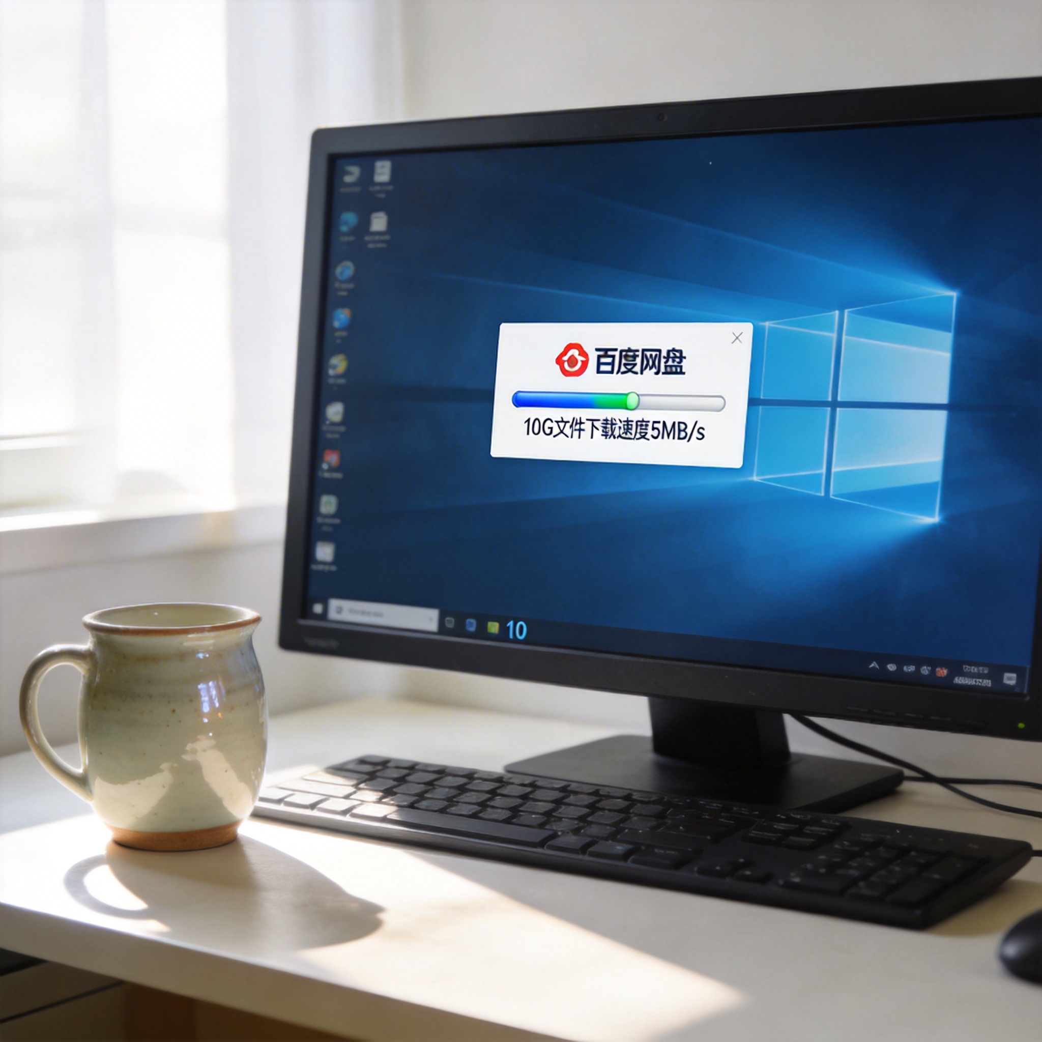 电脑桌的Windows10系统电脑，屏幕显示百度网盘下载界面，进度条显示10G文件下载速度5MB/s，旁边放着陶瓷水杯，室内自然光