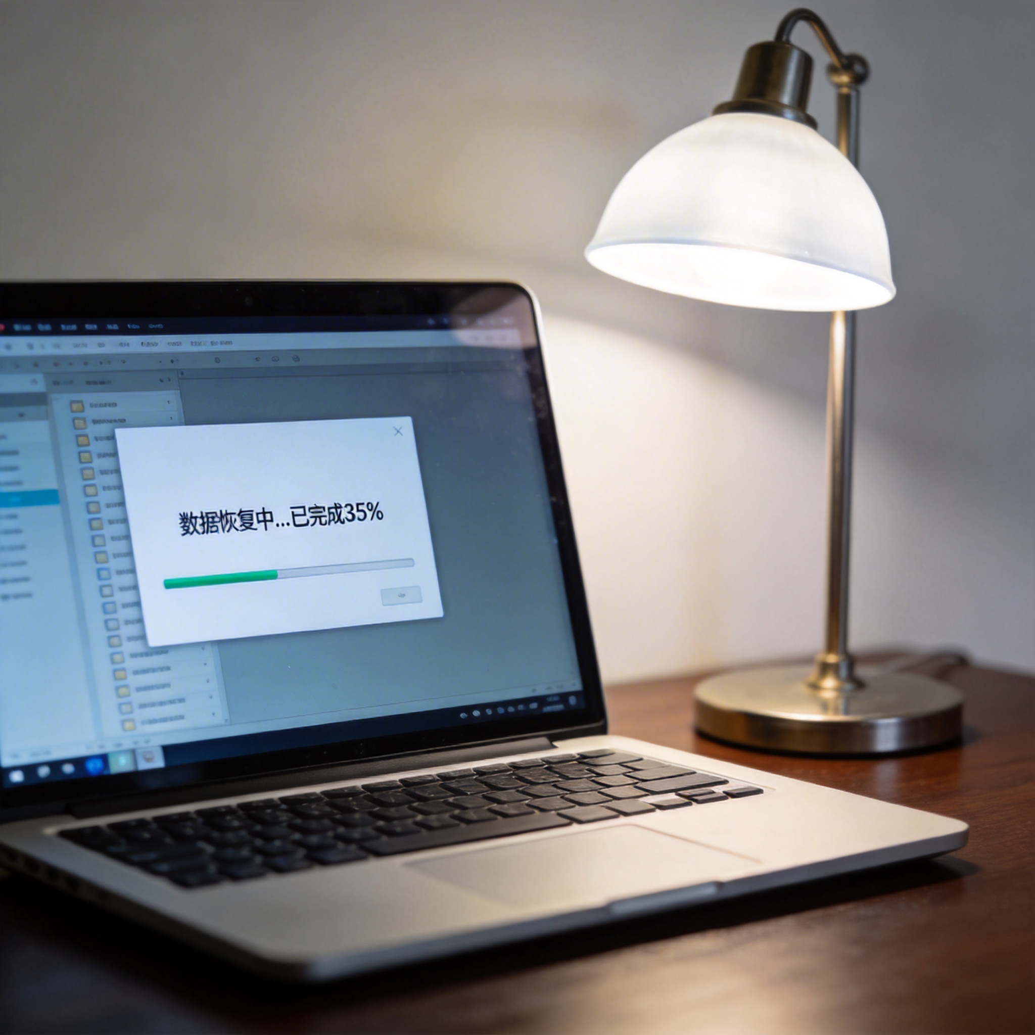电脑桌上的电脑，屏幕显示数据恢复界面，旁边放着台灯