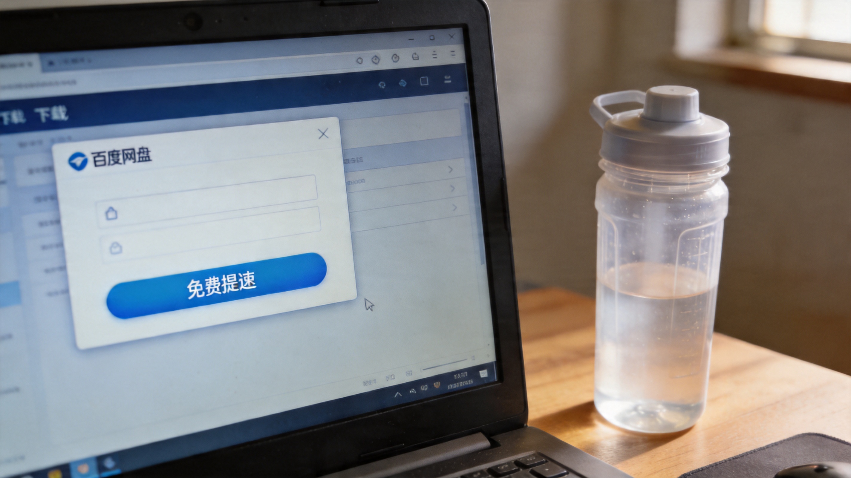电脑桌面，屏幕显示百度网盘下载任务窗口，窗口里有蓝色的“免费提速”按钮，旁边放着半透明塑料水杯，室内自然光