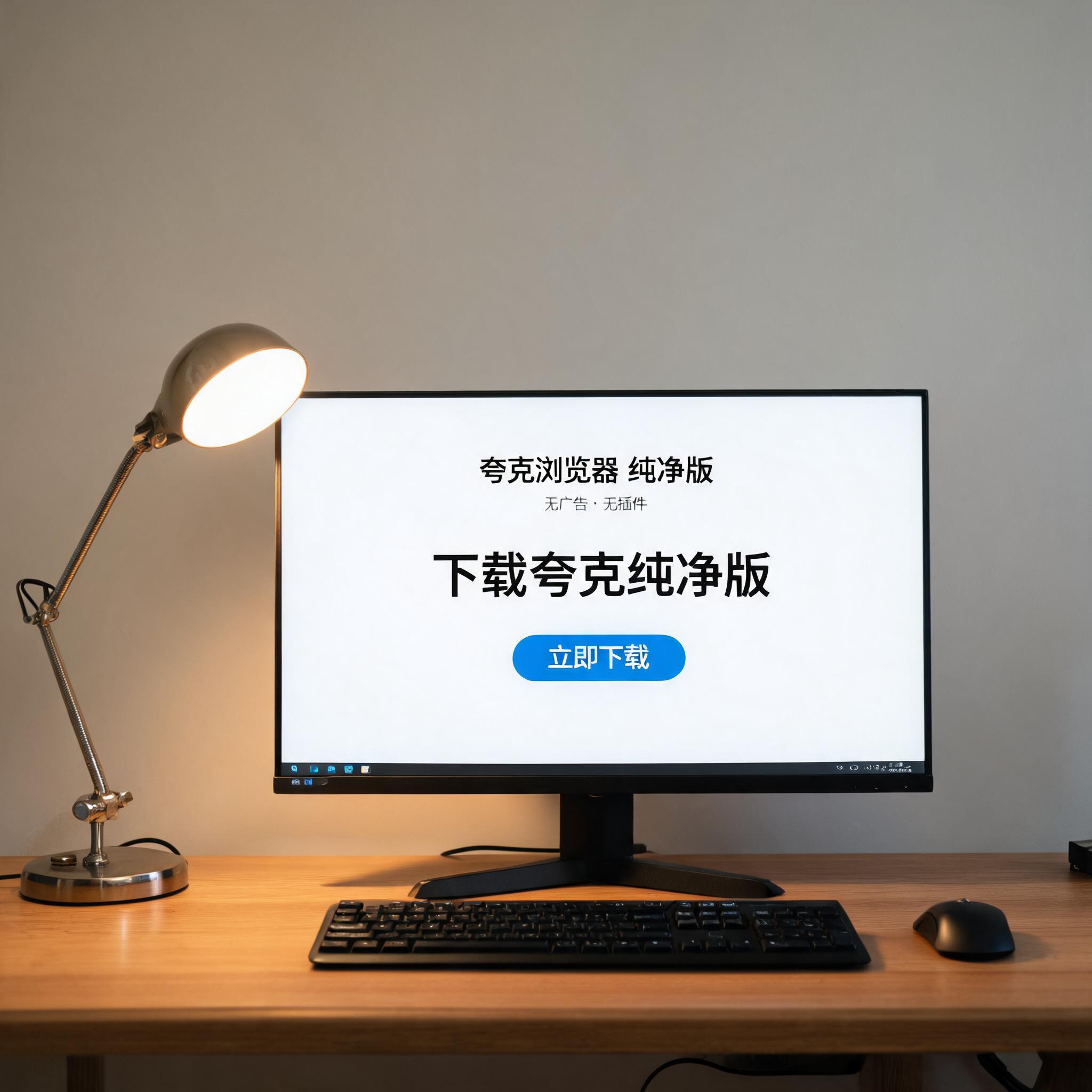 电脑桌上的电脑，屏幕显示夸克浏览器纯净版无广告下载界面，旁边放着台灯