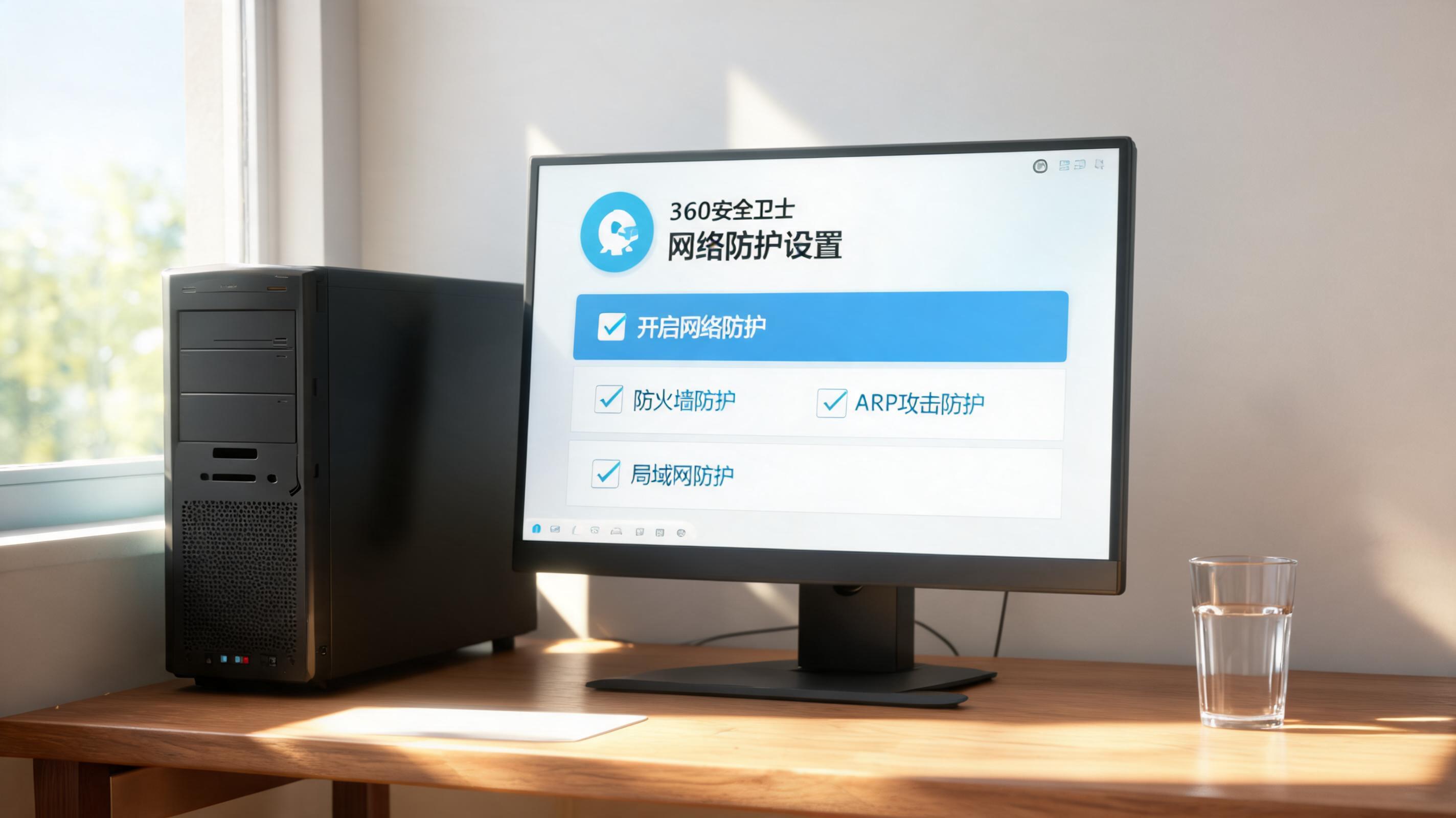 书桌上的主机，屏幕显示360 安全卫士网络防护设置界面，桌角放着水杯，自然光
