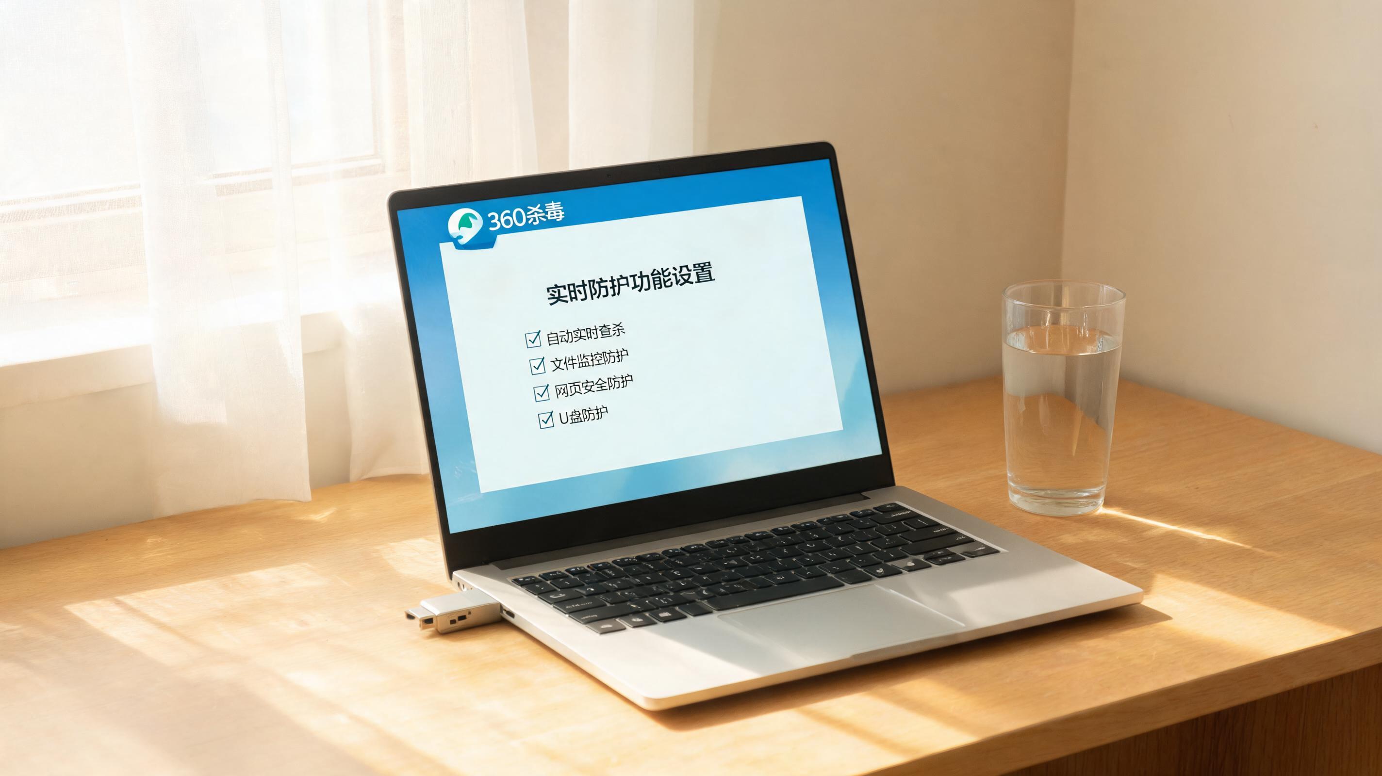 书桌上的U盘，屏幕显示360 杀毒实时防护功能设置界面，桌角放着水杯，自然光