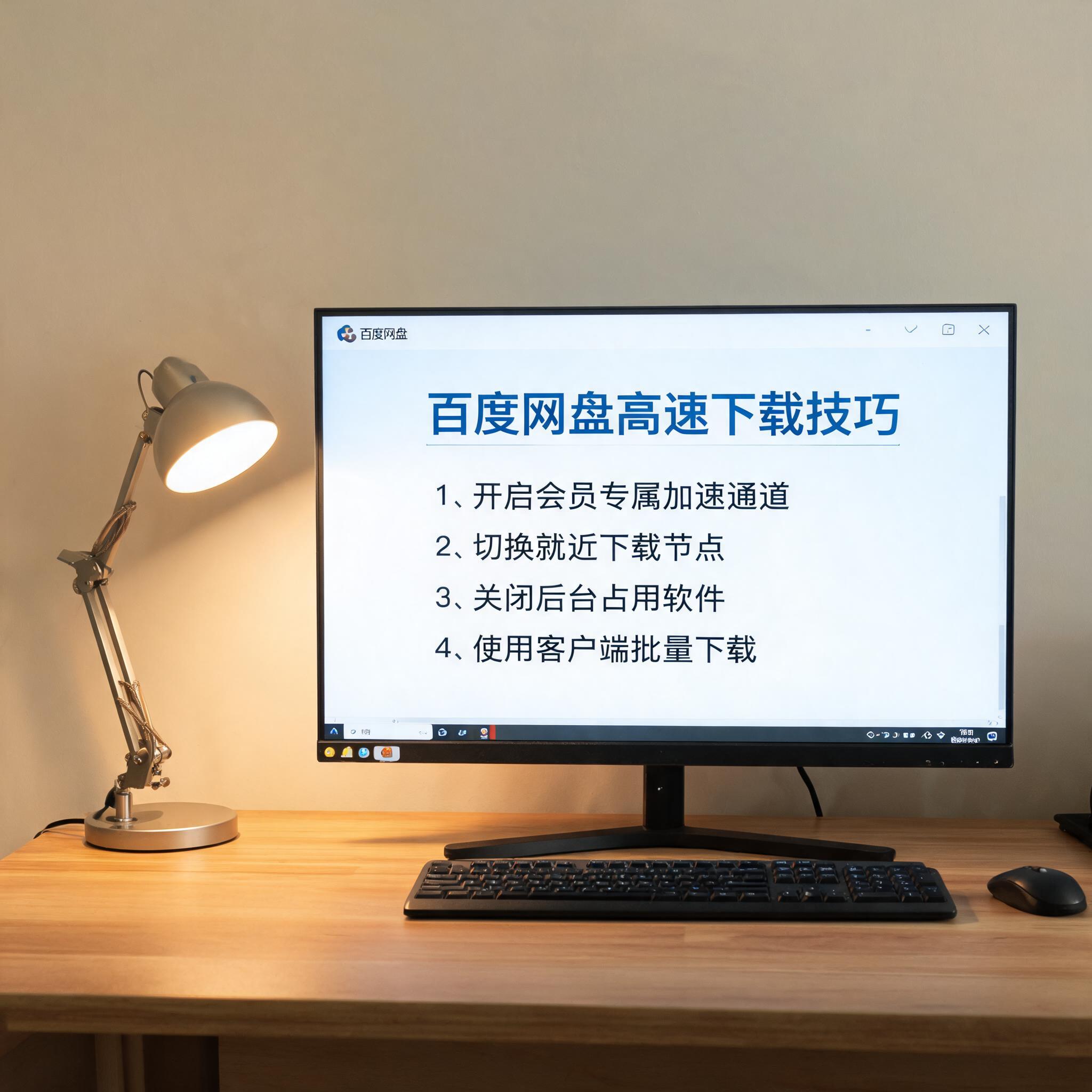 电脑桌上的电脑，屏幕显示百度网盘高速下载技巧界面，旁边放着台灯