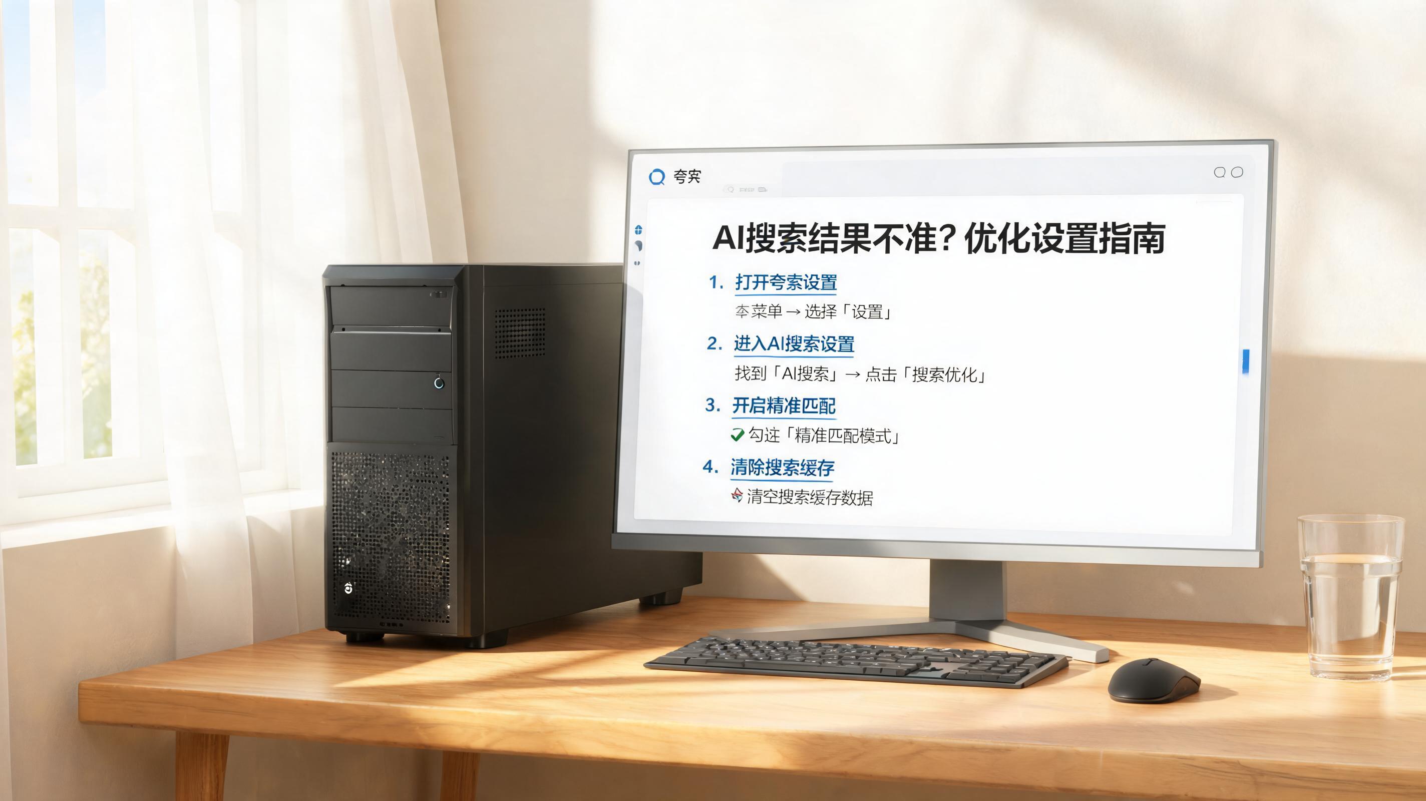 书桌上的主机，屏幕显示夸克浏览器 AI 搜索结果不准如何优化设置界面，桌角放着水杯，自然光