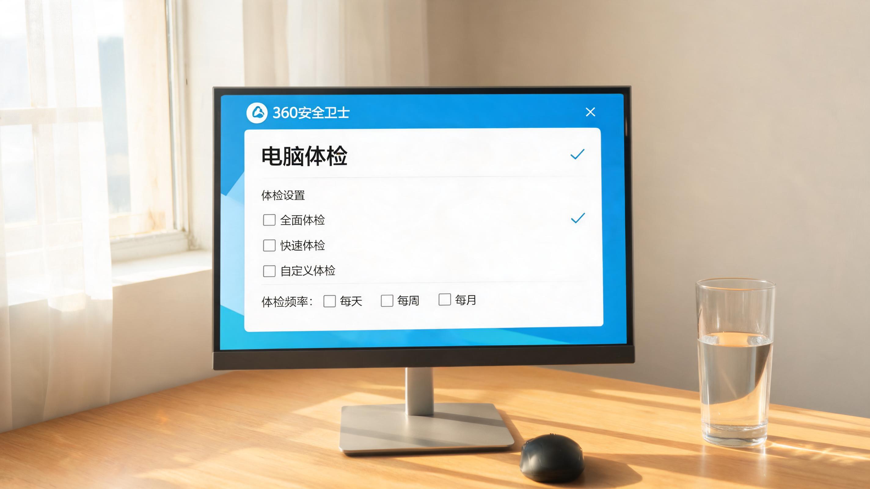 书桌上的电脑，屏幕显示360 卫士电脑体检功能设置界面，桌角放着水杯，自然光