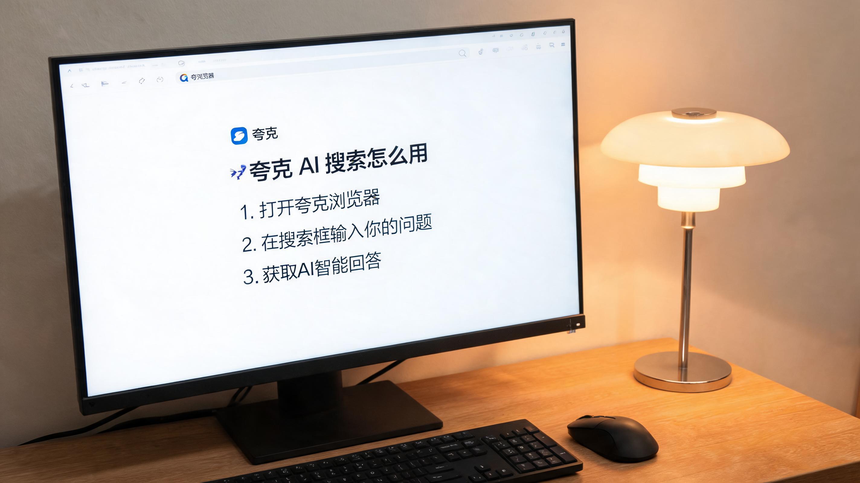 电脑桌上的电脑，屏幕显示夸克浏览器 AI 搜索怎么用界面，旁边放着台灯
