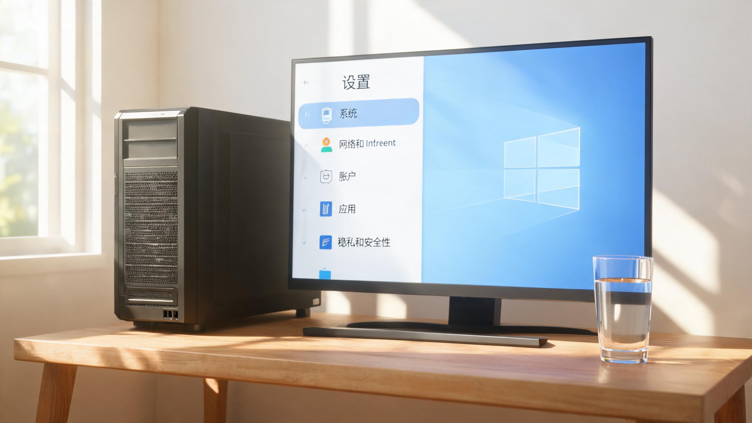 书桌上的主机，屏幕显示Windows设置界面，桌角放着水杯，自然光